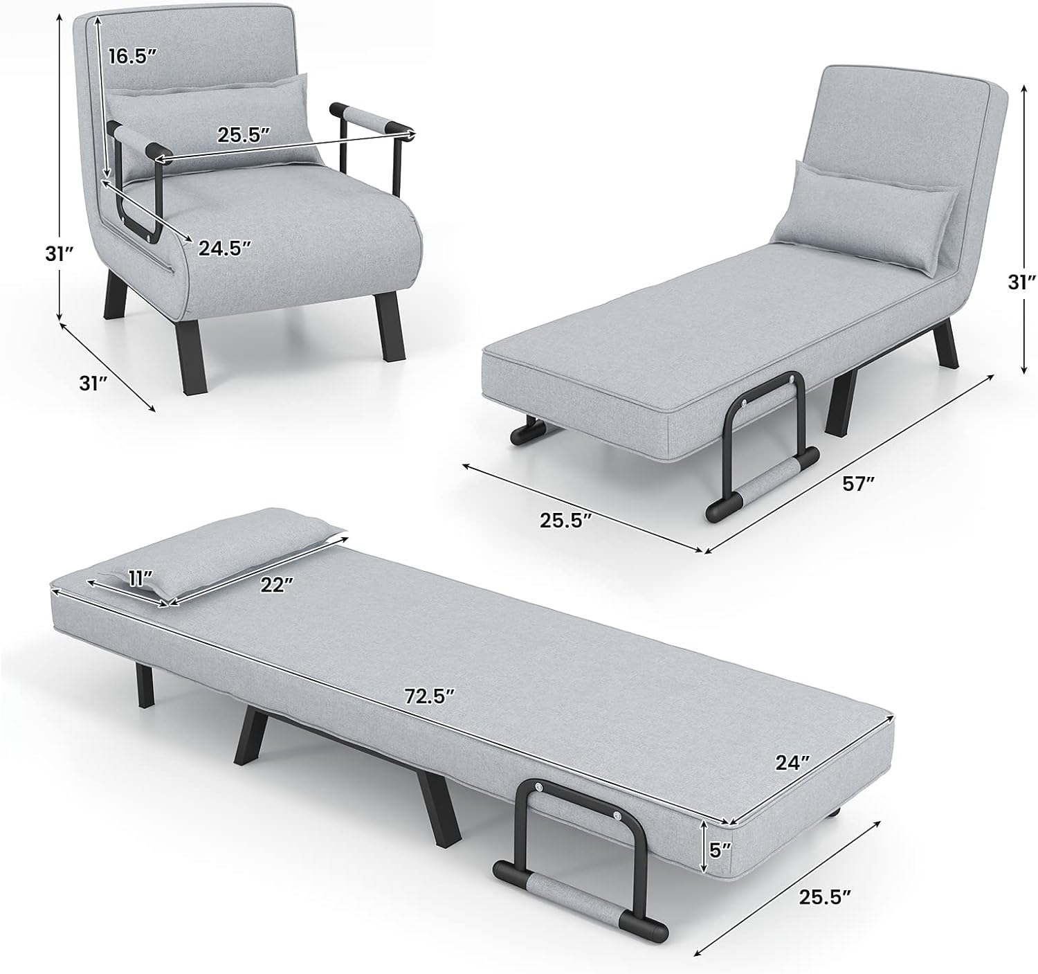 Giantex Convertible Sofa Bed, 4-in-1 Sleeper Chair with Pillow, Modern Recliner Guest Bed with 6 Positions Adjustable Backrest, Metal Legs, Linen Fabric Armchairs for Nursery Living Room Office (Gray)