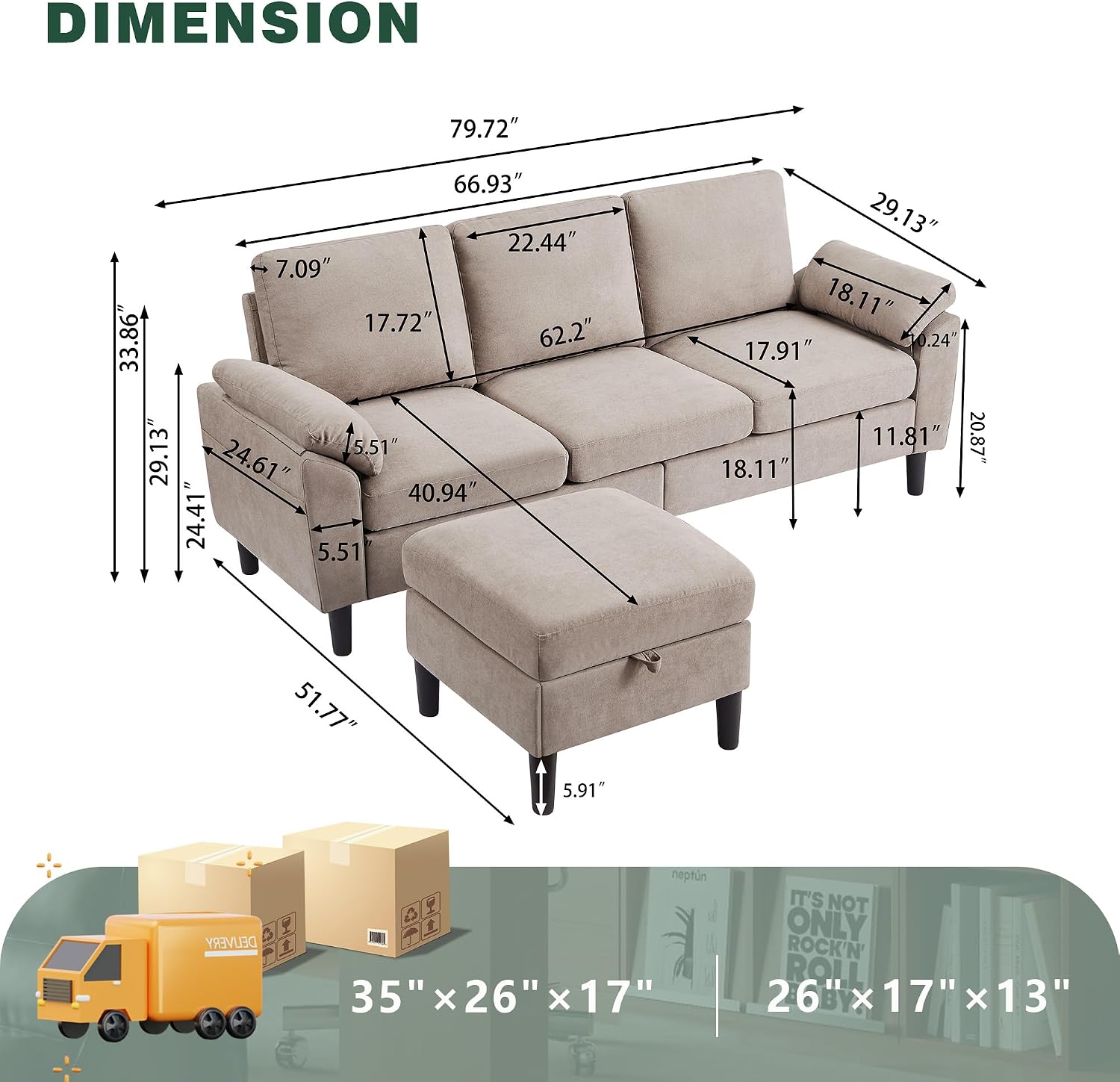 80' Convertible Sectional Sofa, Small L Shaped 3 Seat Couch with Reversible Storage Chaise, Modern Polyester Fabric Sofa Couches for Living Room, Apartment and Small Space, Beige