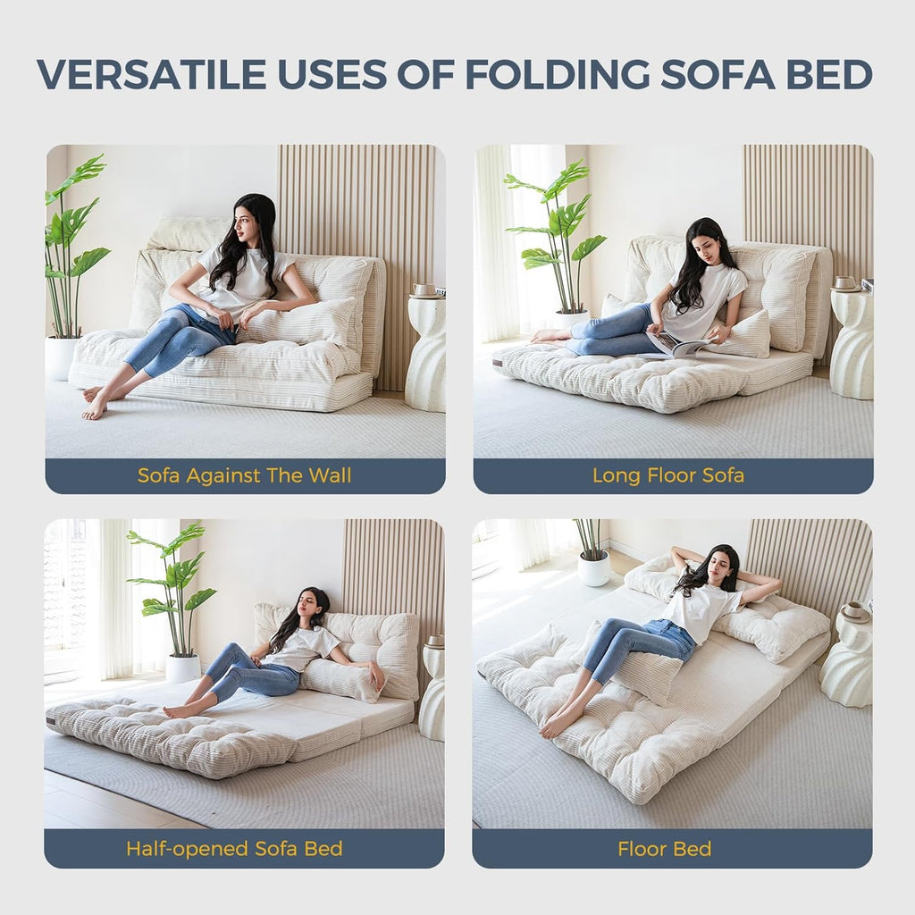 MAXYOYO Folding Sofa Bed, Tufted Bean Bag Bed with Pillows Floor Mattress for Adults, Extra Thick and Long Floor Sofa, Full Floor Couch Bed for Bedroom Living Room, Beige, 54x91 Inch