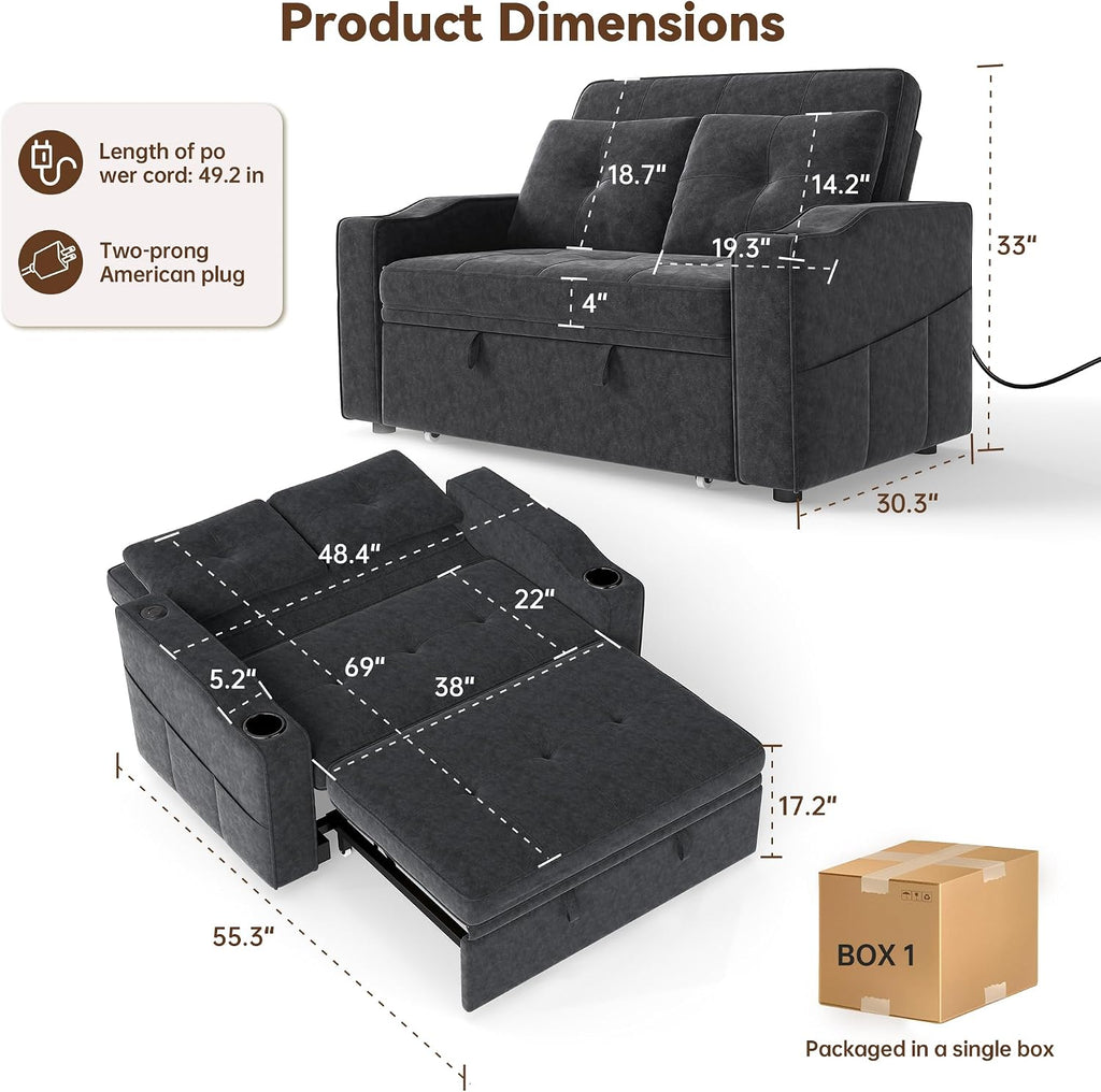 Real Relax Sleeper Sofa Bed, 3-in-1 Loveseat Sofa with USB Charging Ports, Convertible Pull Out Couch with 5 Level Adjustable Backrest, Cup Holders for Living Room, Office, Chenille, Dark Gray