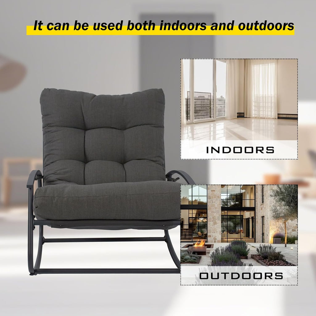 GLORY PATIO Rocking Chair for Patio and Indoor Use - Heavy-Duty Outdoor Rocking Chair with Thick Cushion, 40° Ergonomic Sway, Modern Metal Rocker for Garden, Porch, Living Room (Dark Grey)