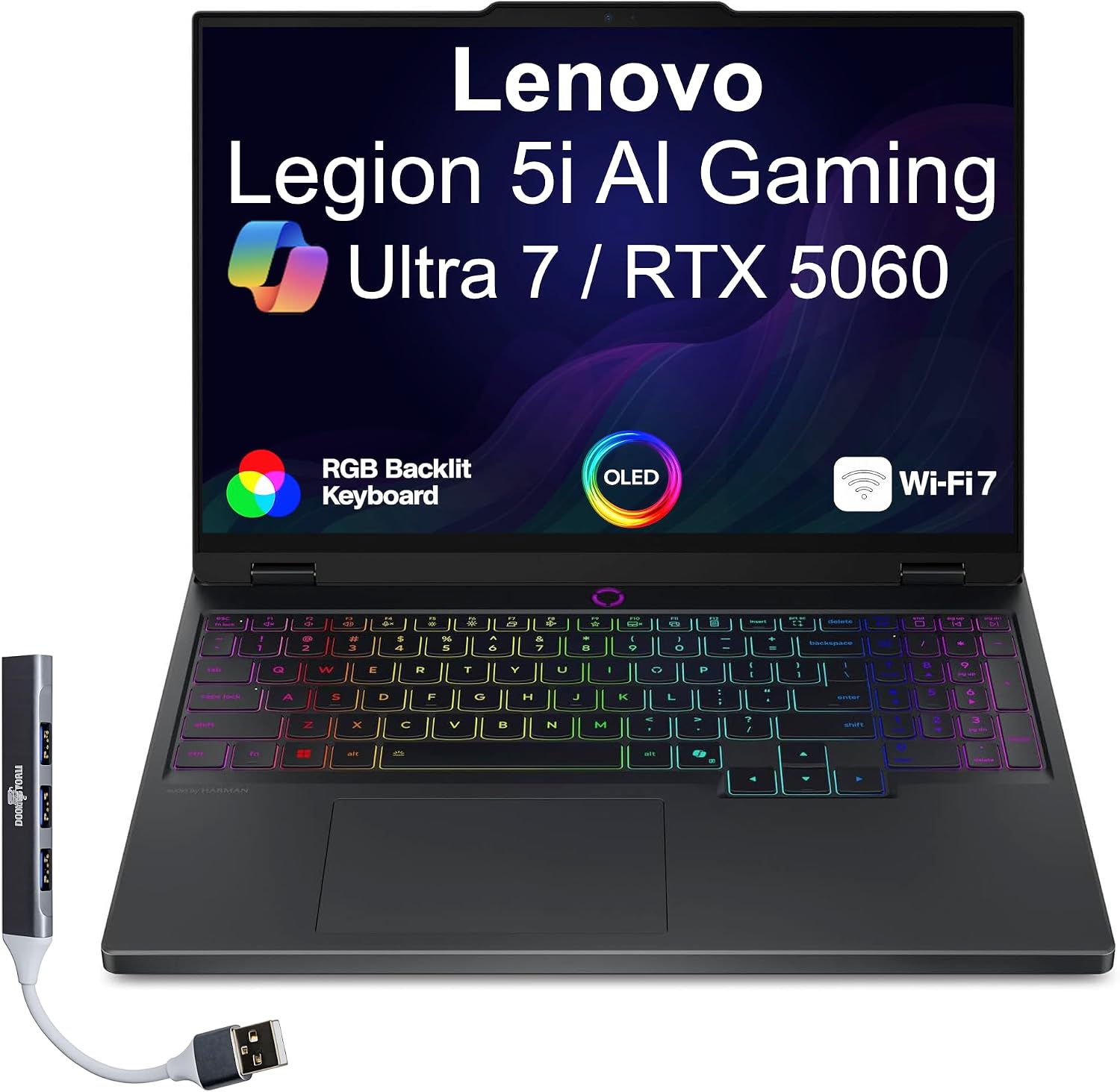 Lenovo Legion 5i AI Gaming Laptop 15.1' OLED WQXGA Display (Intel Core Ultra 7 255HX, 32GB DDR5, 1TB PCIe SSD, GeForce RTX 5060, RGB KB, Thunderbolt 4, Win 11 Home) w/DKZ USB Port Expander