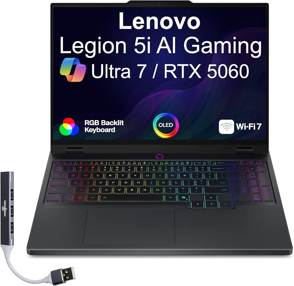 Lenovo Legion 5i AI Gaming Laptop 15.1' OLED WQXGA Display (Intel Core Ultra 7 255HX, 64GB DDR5, 4TB PCIe SSD, GeForce RTX 5060, RGB KB, Thunderbolt 4, Win 11 Home) w/DKZ USB Port Expander