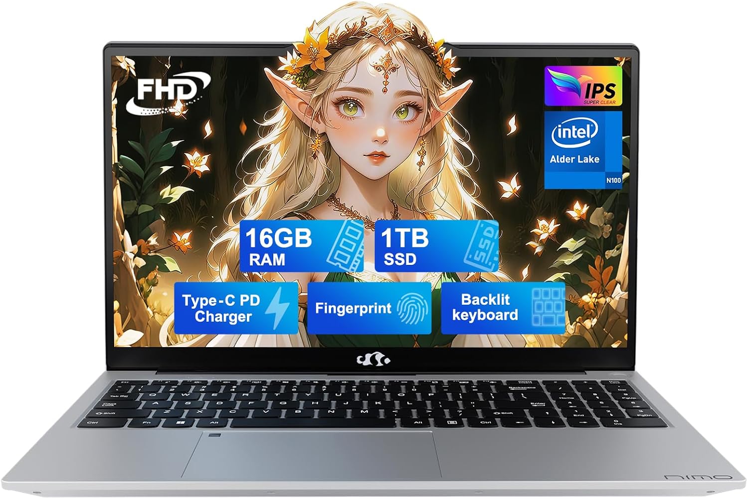 NIMO 15.6' IPS FHD-Laptop, Intel Pentium Quad Core N100 16GB RAM 1TB SSD (Beat i3-1115G4, Up to 3.4GHz) Computer with Backlit Keyboard Fingerprint Type-C WiFi 6 BT5.2, for Student and Home