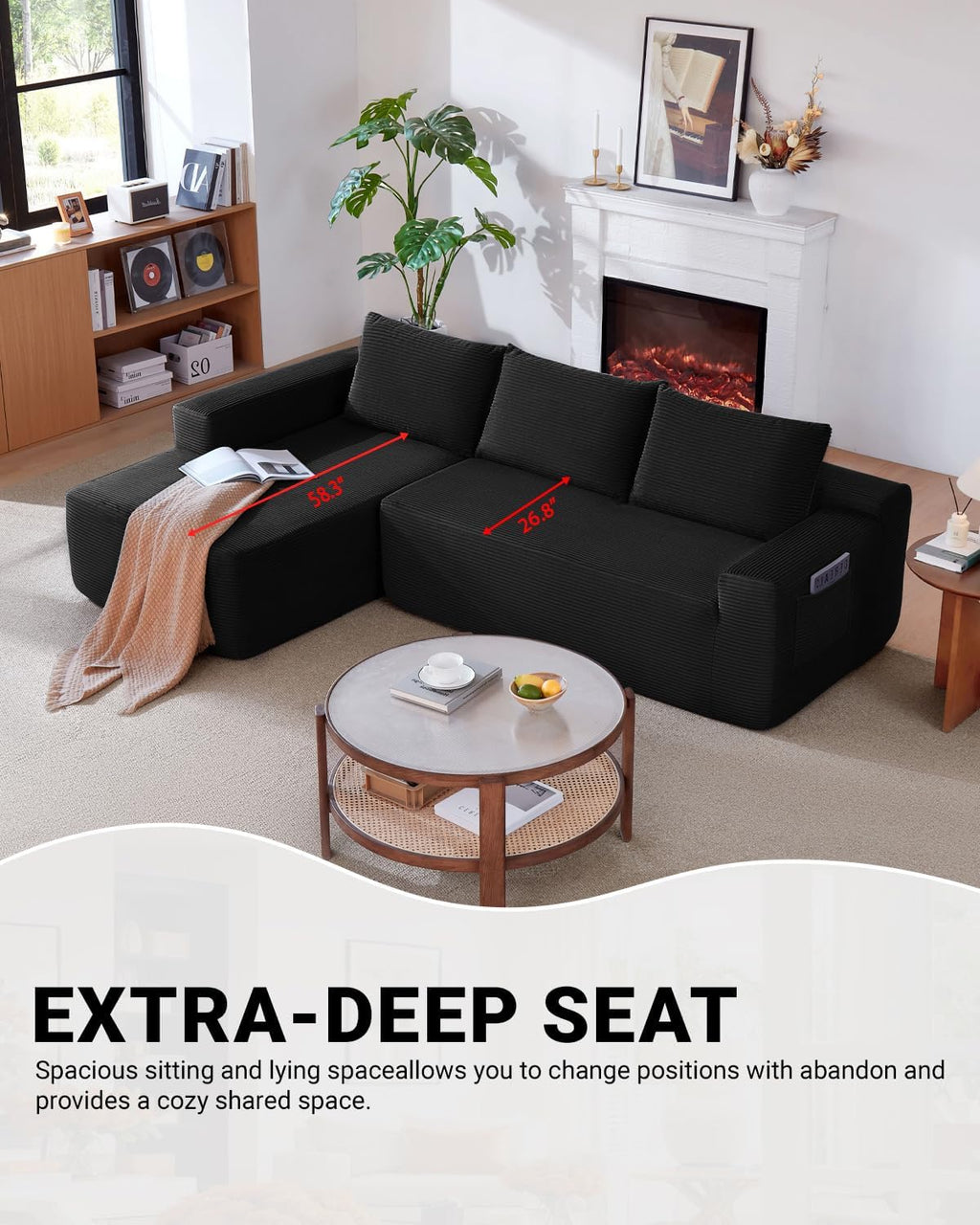 96 Inch Cloud Sectional Couch,Modern Modular Sectional Sofa with Deep Seat,Corduroy Boneless Couches with L-Shape Chaise for Living Room Bedroom,No Assembly Required (Black, Left Facing Chaise)