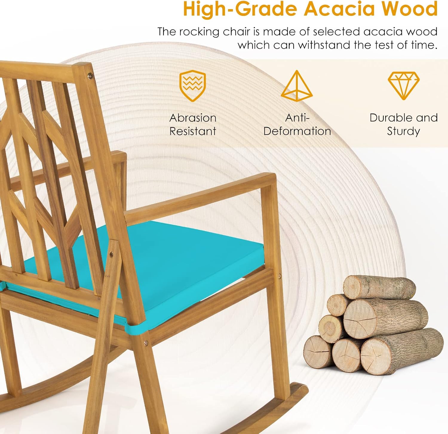 Tangkula 2 Pieces Acacia Wood Patio Rocking Chair, Outdoor Porch Rocker W/Removable High-Density Cushion, All-Weather Resistance, Perfect for Garden, Backyard, Poolside