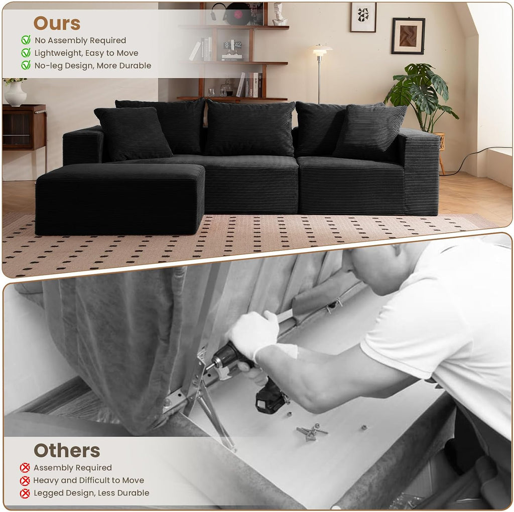 108' L-Shaped Boneless Couch, Modular Sectional Sofa with Moveable Ottoman, Corduroy Cloud Couches for Living Room, No Assembly, Ship in a Box, Black