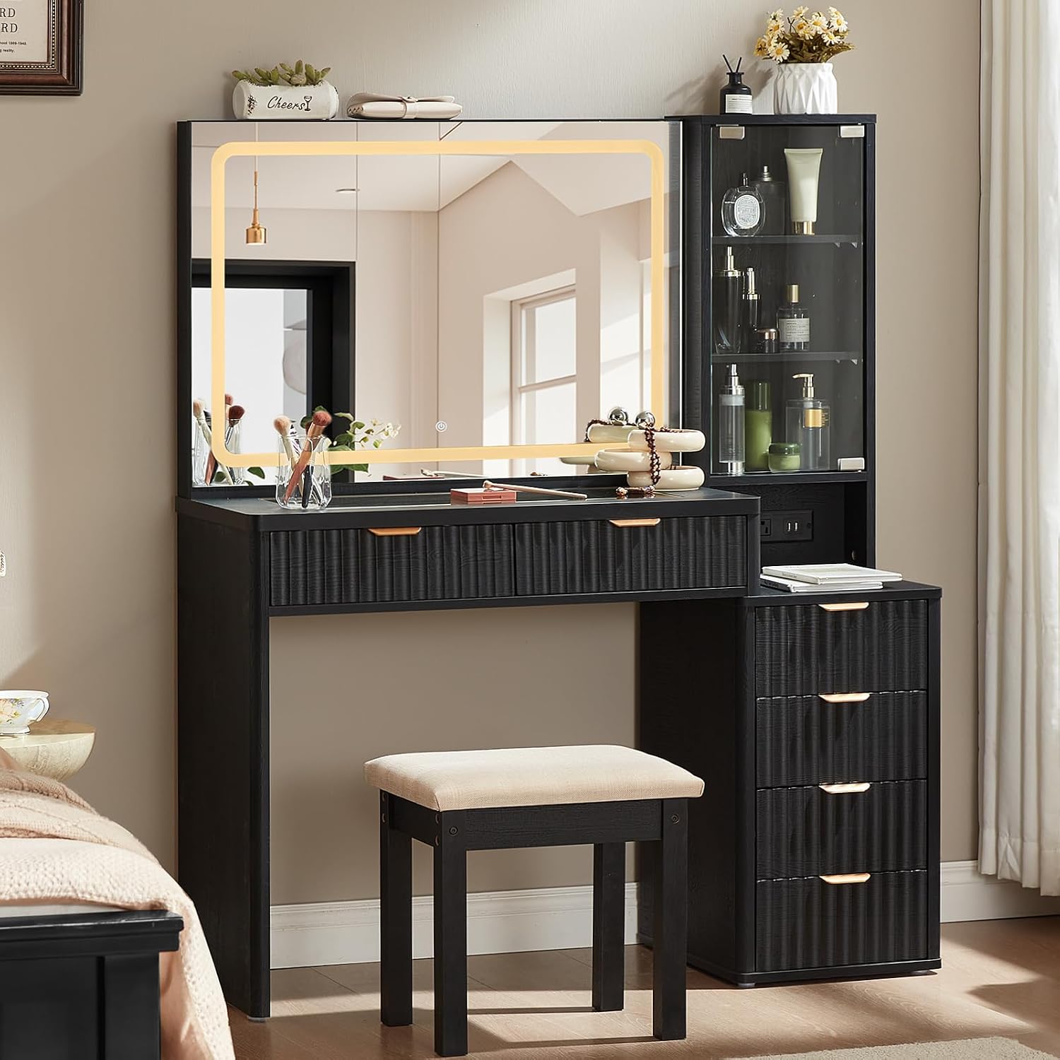 LEYAOYAO Black Vanity Desk with Mirror and Lights, 43.5'' Fluted Makeup Vanity with 6 Drawers and Adjustable Shelves, Glass Top Make Up Vanity, Girls Wood Dressing Table with Power Outlet for Bedroom