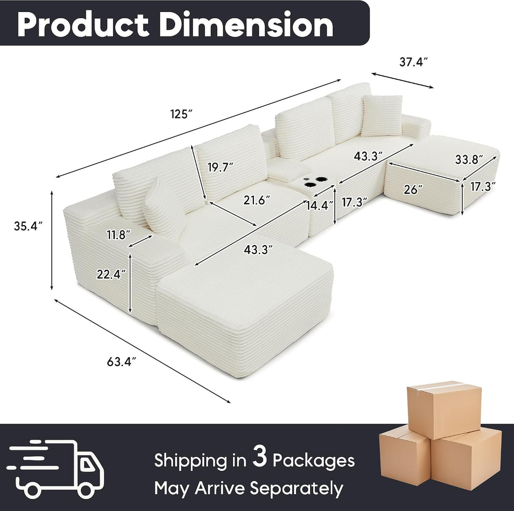 125 Inch Modular Sectional Sofa, Modern Oversized Corduroy Cloud Couch with 2 Ottomans, Cup Holders and USB Ports, U Shape Couch Boneless Couches for Living Room, No Assembly Required, Beige