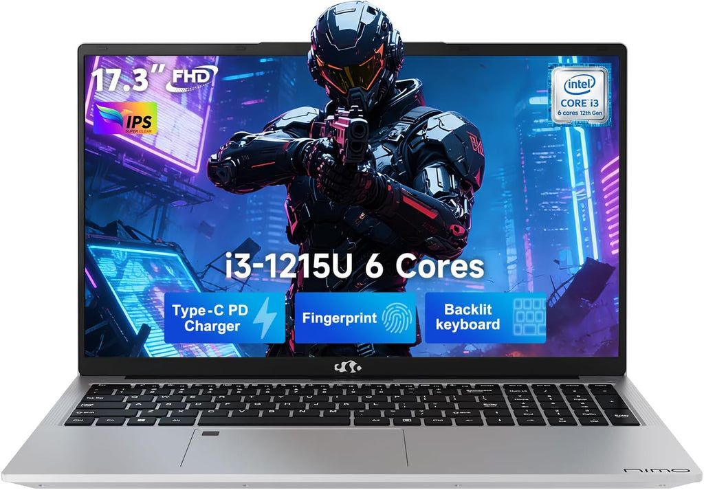 NIMO 17 Inch FHD IPS Laptop, 6 Cores i3-1215U 8GB RAM 128GB SSD (Up to 4.4GHz, Beat Ryzen 5 7520U) School Computer with 65W Type-C Wi-Fi 6 Backlit KB Fingerprint for Business