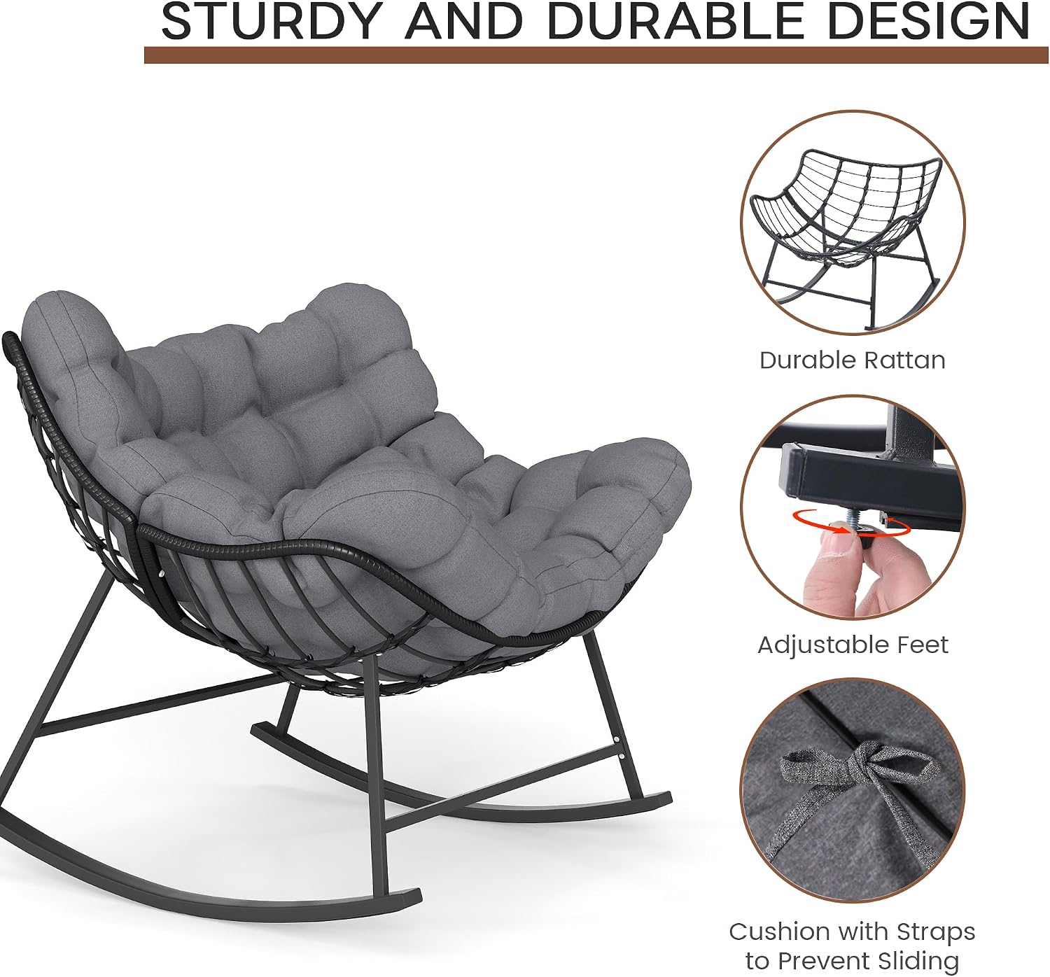 Oversized Wicker Papasan Rocking Chair, Indoor Outdoor Egg Chair Rocker, Comfy Patio Recliner with Modern Egg Style, Grey