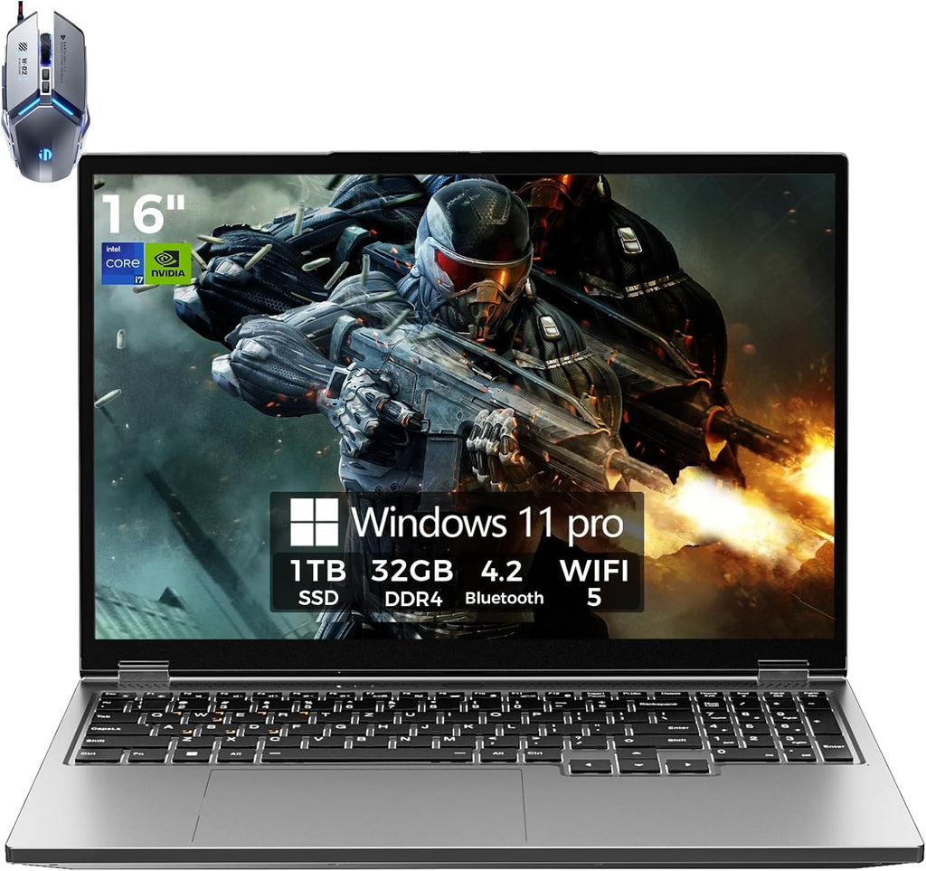 TOPGRO Gaming Laptop Computer, 16' FHD 60Hz Display, Core i7-8750H/GeForce GTX1050(6C/12T, Up to4.1Ghz), Business Laptop 32GB DDR4 RAM, 1TB PCIe3.0 SSD/HDMI/Webcam/Backlit Keyboard/Wi-Fi 5/Win11 Pro
