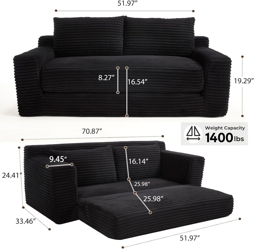 GNIXUU 71' Corduroy Cloud Loveseat Sofa, 2 in 1 Convertible Black Boneless Sleeper Sofa with Fixed-Shape Frame, Comfy Folding Love Seat Couches for Living Room, Apartment, Small Spaces
