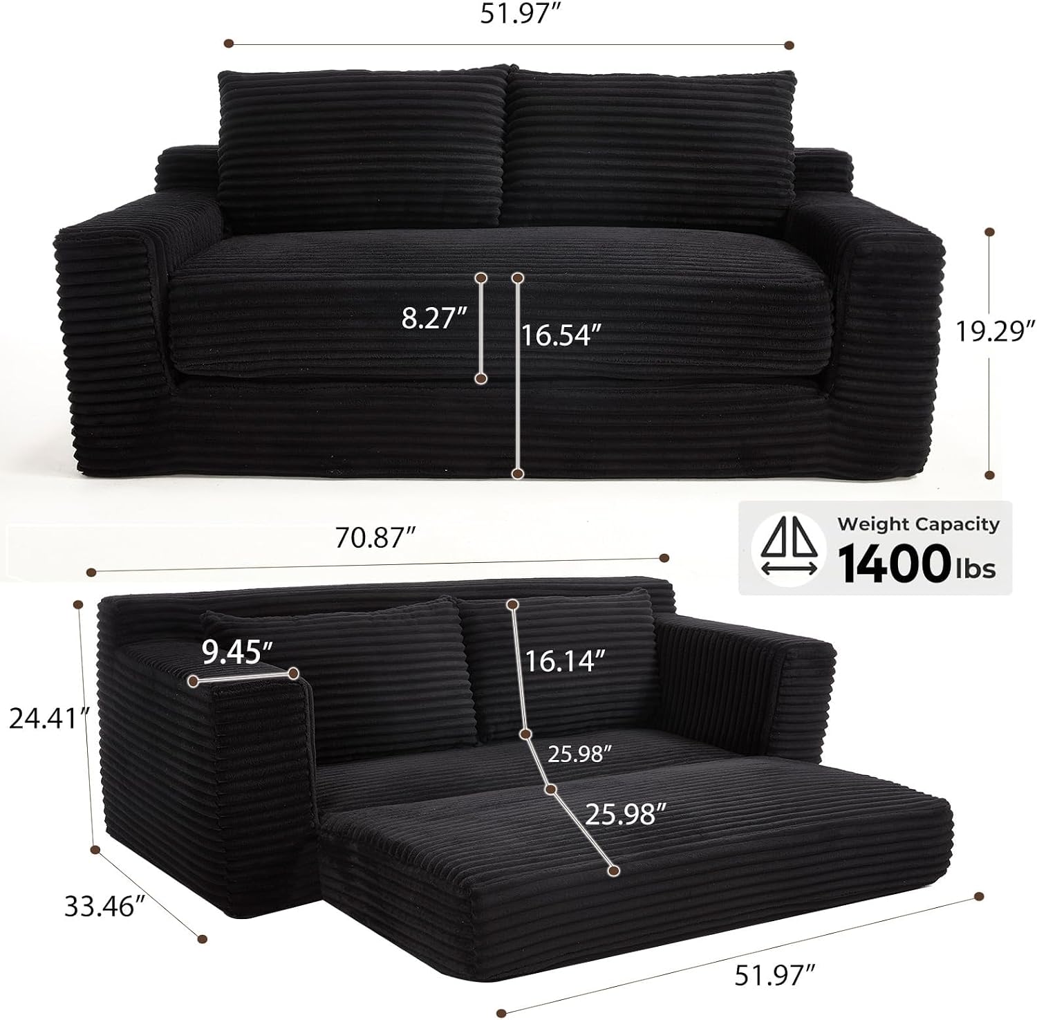GNIXUU 71' Corduroy Cloud Loveseat Sofa, 2 in 1 Convertible Black Boneless Sleeper Sofa with Fixed-Shape Frame, Comfy Folding Love Seat Couches for Living Room, Apartment, Small Spaces