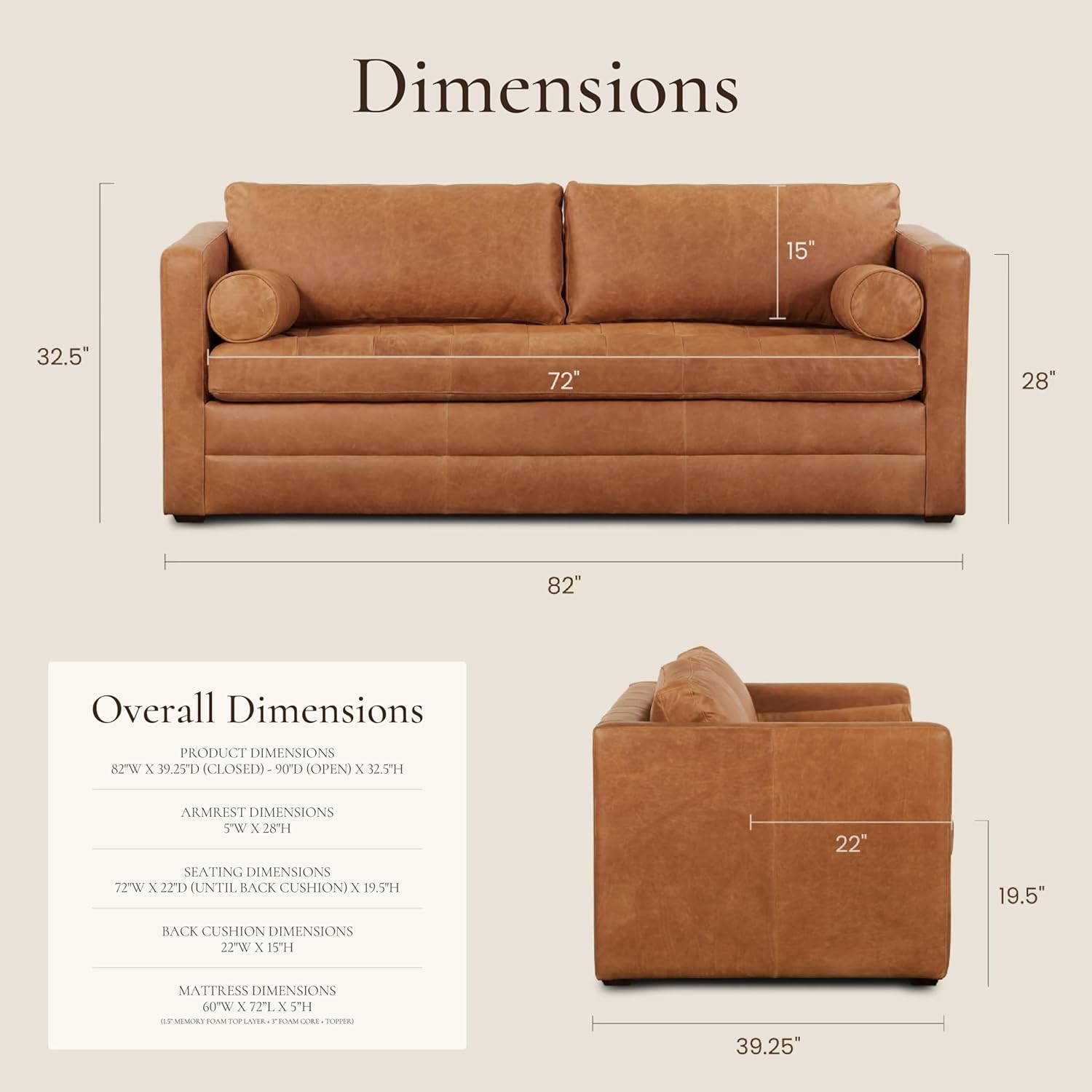 POLY & BARK Napa 82' Leather Pull‑Out Sleeper Sofa – Full‑Grain Italian Leather Upholstery,Tri‑Layer Mattress & Storage Console –Sophisticated Multi‑Functional Sofa Bed for Living Rooms & Guest Spaces