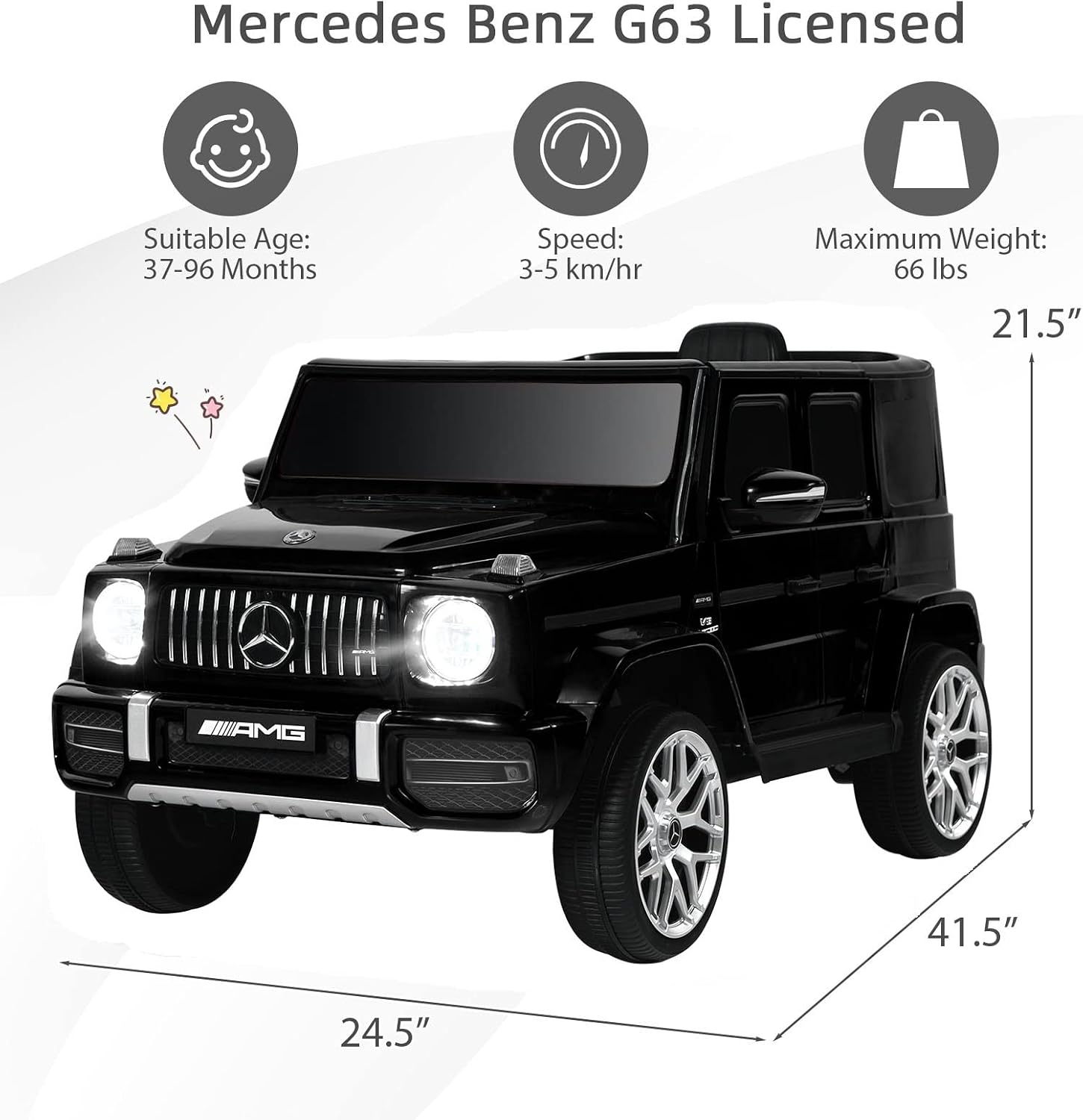 INFANS Licensed Mercedes Benz G63 Kids Ride On Car, 12V Electric Vehicle with Remote Control, Double Open Doors, Music, Bluetooth, Wheels Suspension, Battery Powered for Children Boy Girl (Black)