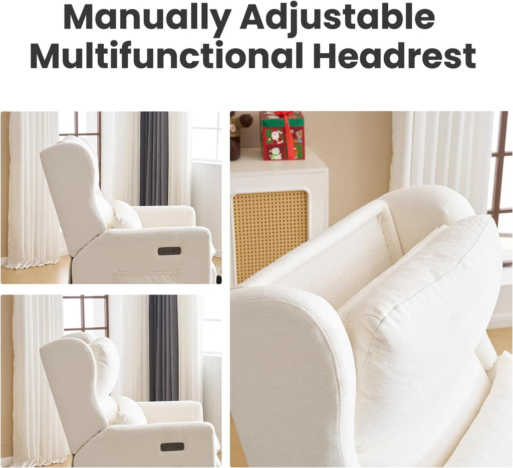 Power Recliner Chair Swivel Glider with Adjustable Headrest，Oversized Swivel Rocker Recliner with Lumbar Support, Upholstered Nursery Glider Recliner for Living Room,White