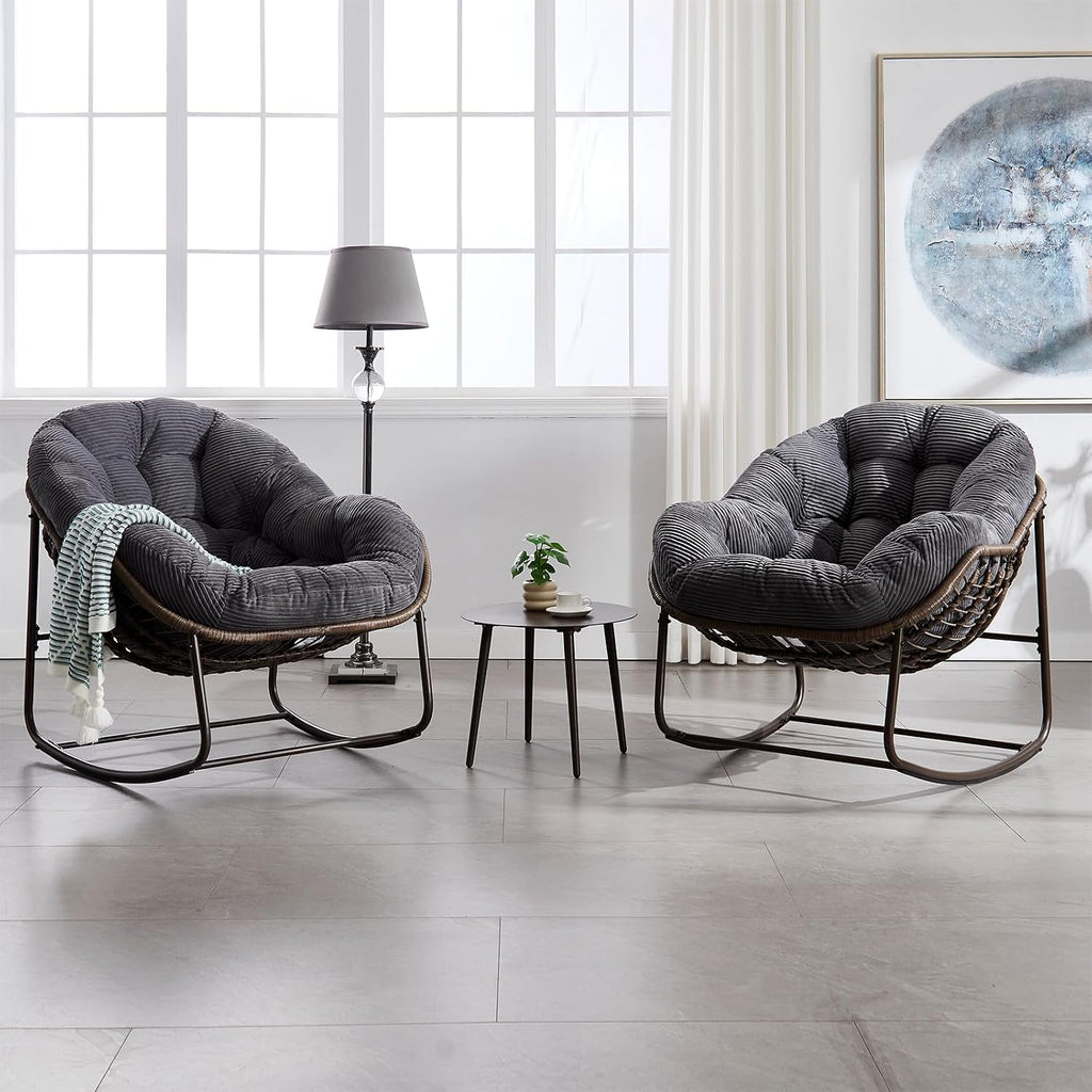 JEEOHEY Papasan Rocking Chairs Outdoor Indoor, Oversized Rattan Rocker Patio Chair with Padded Cushion, Comfy Modern Indoor Egg Chair for Living Room, Bedroom, Porch, Garden, Balcony(Corduroy, Grey)