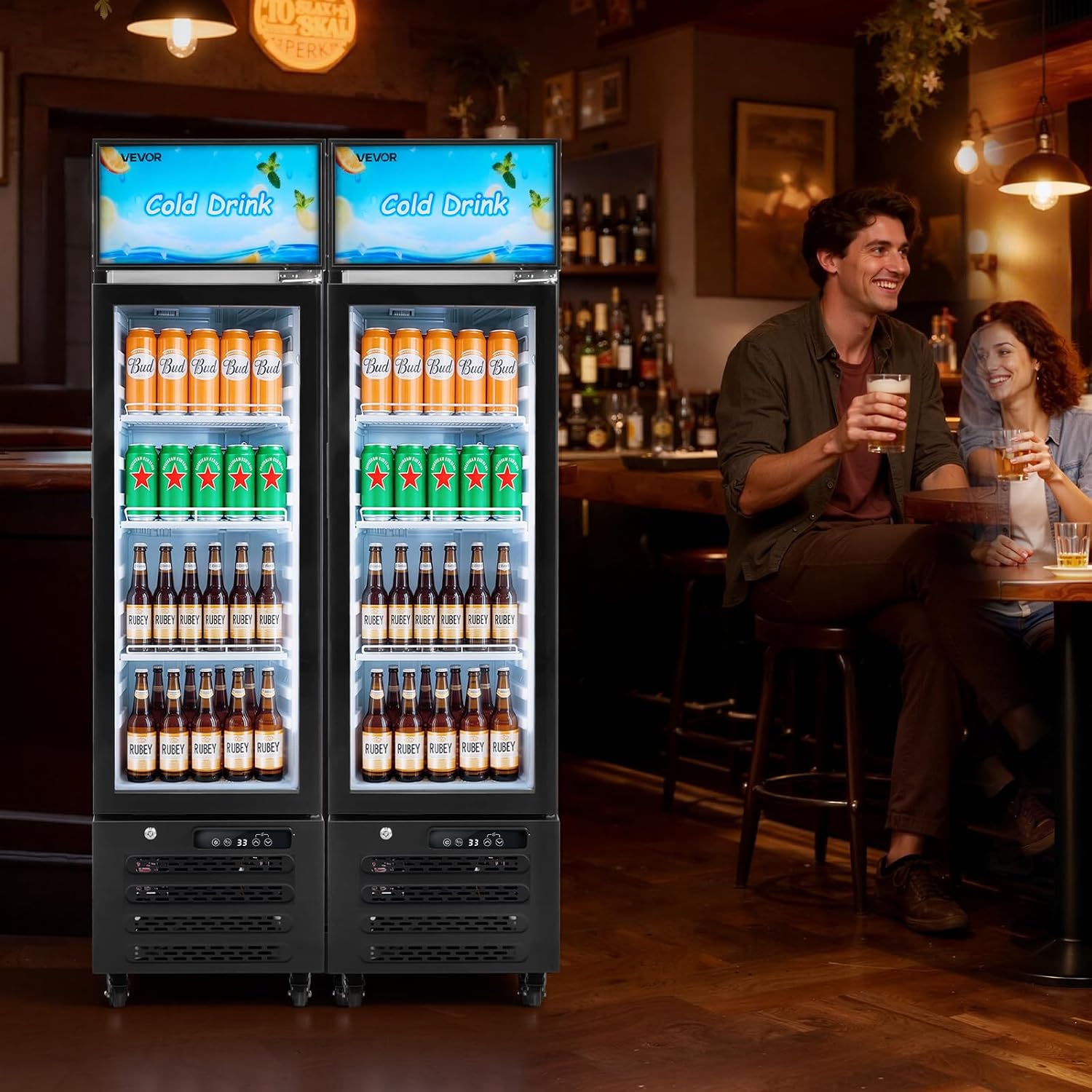 VEVOR Commercial Merchandiser Refrigerator, 6.1 Cu.Ft / 173 L Glass Door Display Refrigerator, Upright Beverage Cooler with Customizable Lightbox, 3 Adjustable Shelves & Soft LED Light for Homes Shops