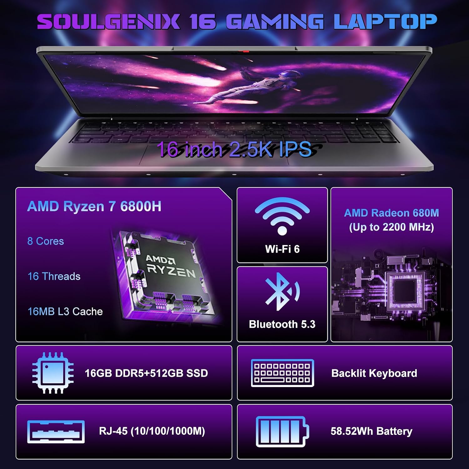 2025 16 Inch 2.5K IPS Gaming Laptop Computer, AMD Ryzen 7 6800H (Up to 4.7GHz), 16GB DDR5 512GB SSD, AMD Radeon 680M, WiFi 6, Type-C, Webcam, Fingerprint, Backlit Keyboard, Windows 11 Pro w/ MS Office