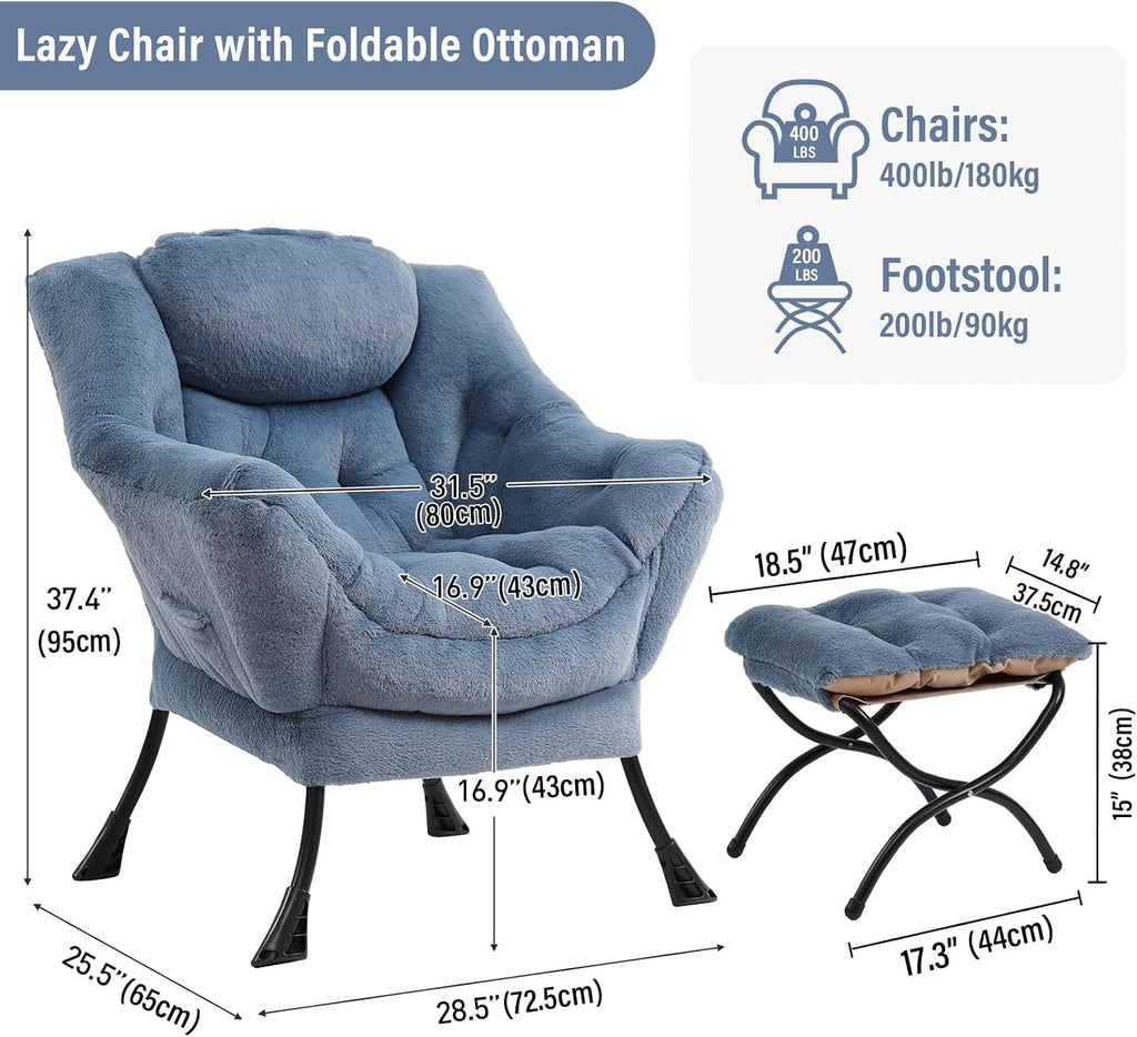 Furlide Lazy Chair with Ottoman, Modern Accent Chair with Armrests and a Side Pocket, Plush Light Blue Accent Chairs, Reading Chairs, Oversized Armchairs for Bedroom, Study, Living Room, Courtyard
