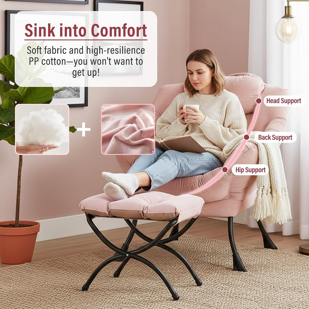 Furlide Lazy Chair with Ottoman, Modern Chair with Folding Footrest, Lounge Accent Chair, Comfortable Reading Chair, Oversized Armchairs for Bedroom, Study, Living Room, Courtyard (Pink)