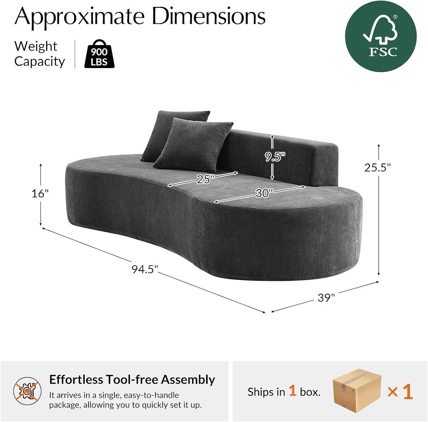 HULALA HOME 94.5' Curved Boneless Couch with Two Pillows, Oversized 3 Seater Compressed Foam Sofa with Deep Seat, Modern Cloud Couch for Living Room, No Assembly Required, Charcoal