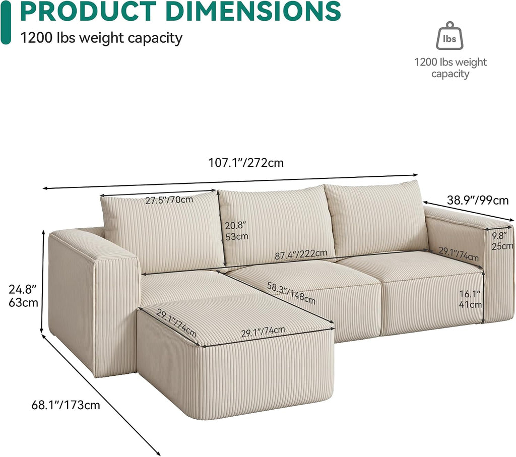 DWVO 107 Inch Cloud Sectional Couch with L-Shape Chaise, Deep Seat Sofa with 3 Pillows, 1 Ottomans Corduroy Upholstered Modular Sofa for Living Room Bedroom, No Assembly Required, Milky White