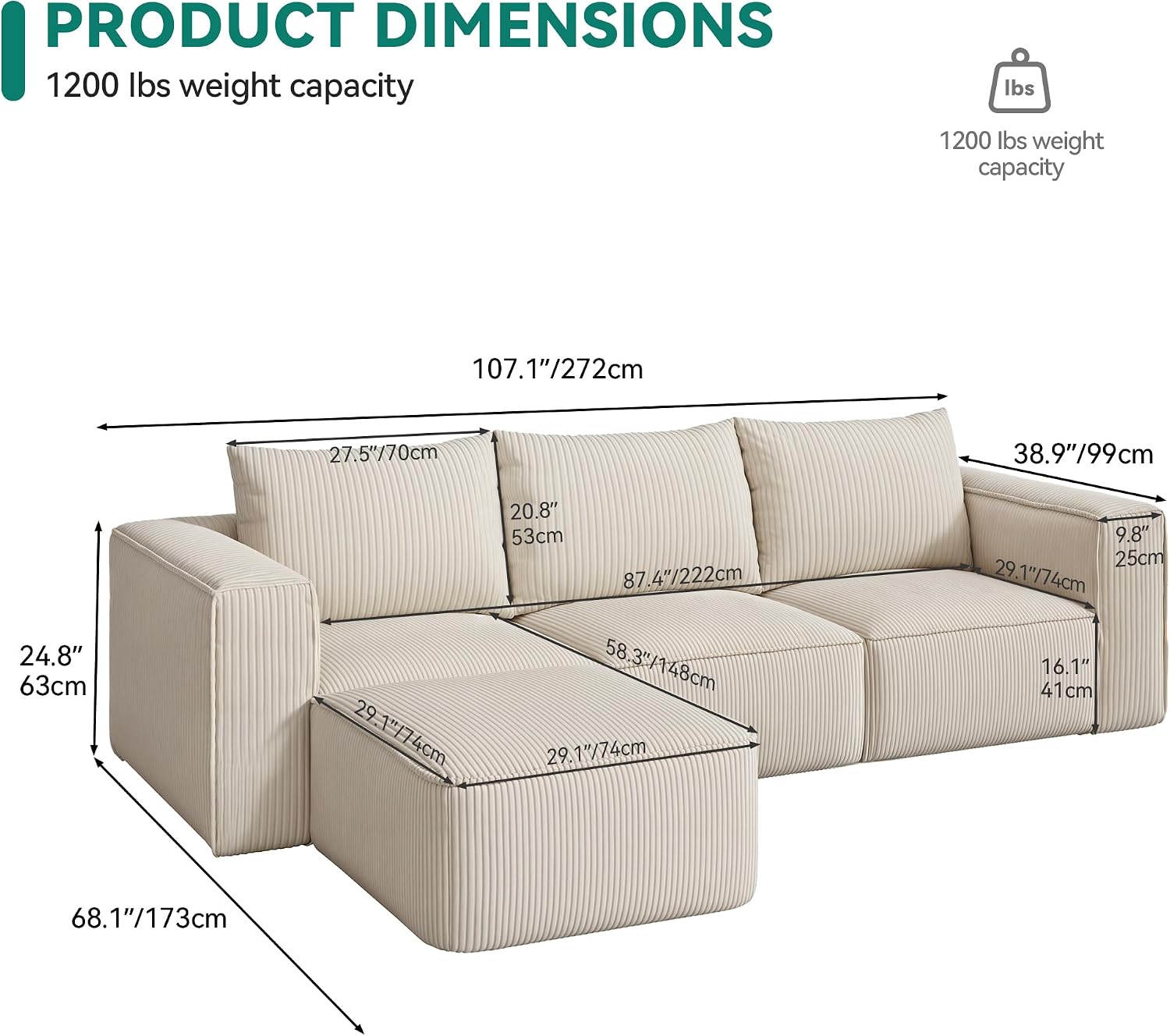 DWVO 107 Inch Cloud Sectional Couch with L-Shape Chaise, Deep Seat Sofa with 3 Pillows, 1 Ottomans Corduroy Upholstered Modular Sofa for Living Room Bedroom, No Assembly Required, Milky White