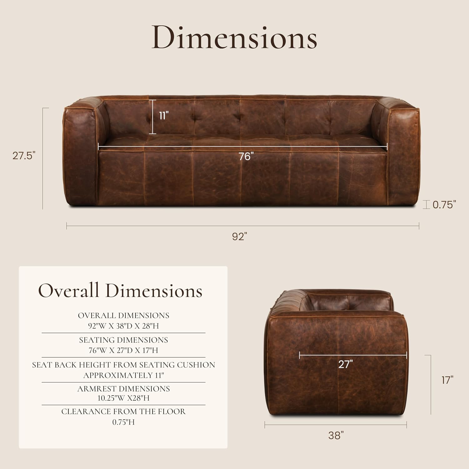 POLY & BARK Capa 96.5' Sofa – Chocolate Brown Full-Grain Pure-Aniline Italian Leather, Boxy Modern Design, Feather-Fiber Cushions, Solid Wood Frame