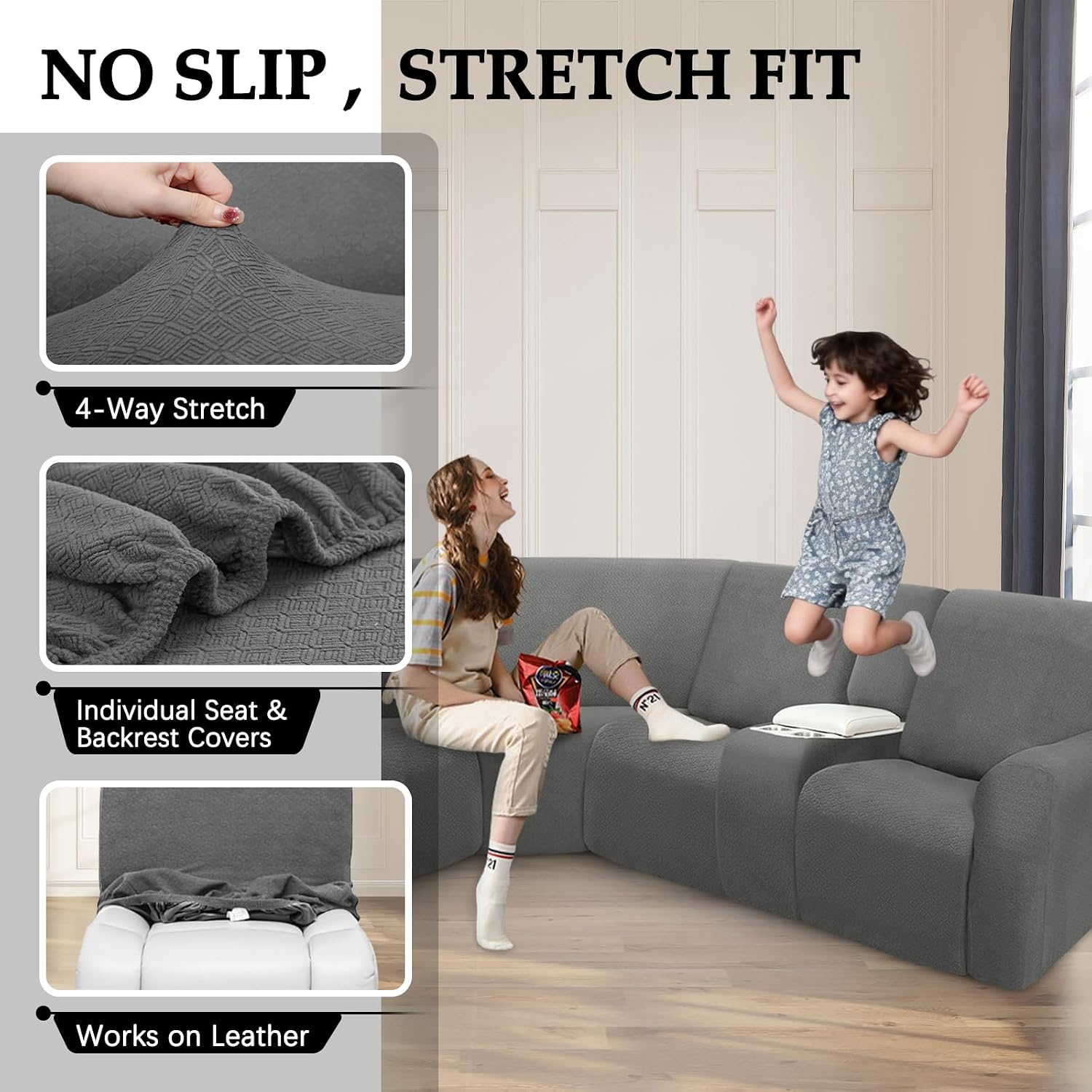 Waterproof Sectional Recliner Couch Covers for Reclining Couches Washable L Shaped Sofa Cover for Dogs Sectional Stretch Corner Recliner Slipcovers (5 Seater 1 Console Cover, Charcoal Gray)