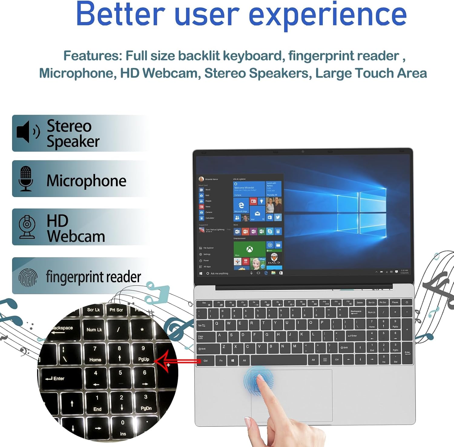 15.6' FHD Laptop,celeron N5095 Quad-Core Processor， 8GB DDR4 RAM 256GB SSD, Portable with Backlit Keyboard & Fingerprint Reader, WiFi 5, BT 5.0, USB 3.0, HDMI，Win11