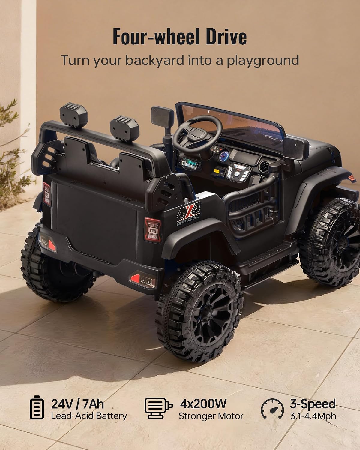 Outfunny 2 Seater Ride on Car Toy, 24V 4WD Electric Car for Kids 4-8 with Remote Control, 4x200W Motors, Capacity 150 lb - Black