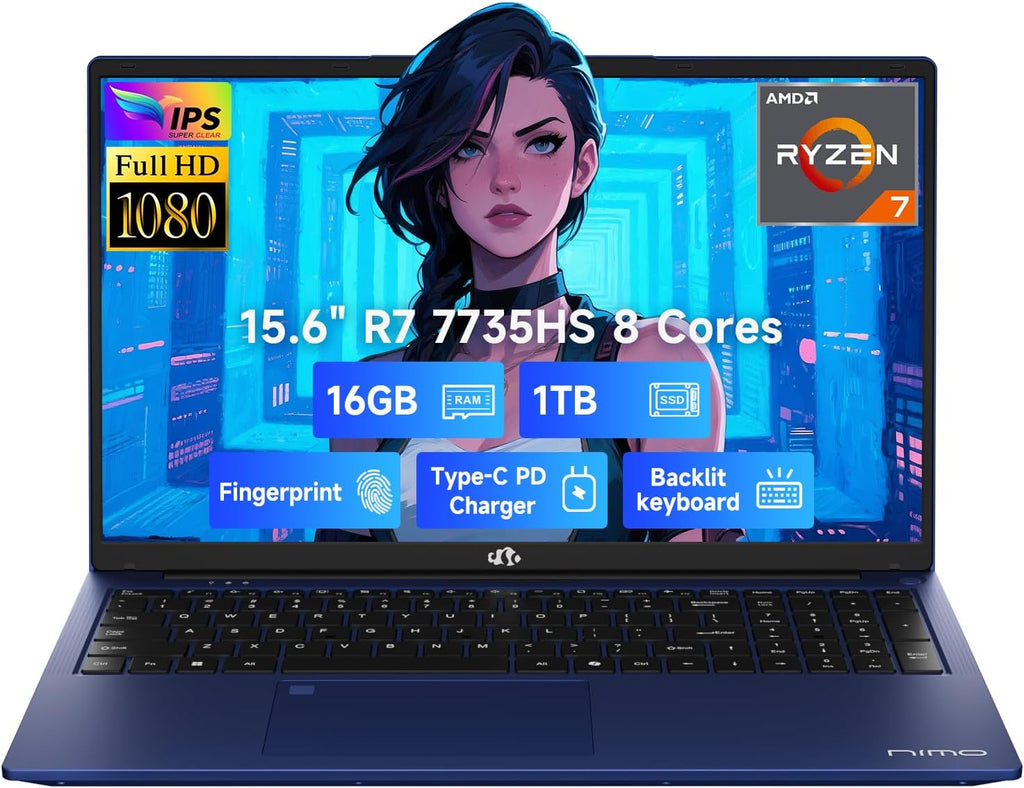 NIMO 15.6' IPS FHD-Gaming-Laptop, AMD 8 Cores Ryzen 7 7735HS 16GB DDR5 RAM 1TB SSD (Beats i7-12650H) Computer with Radeon 680M 100W Type-C Backlit Keyboard Fingerprint, for Gaming Business