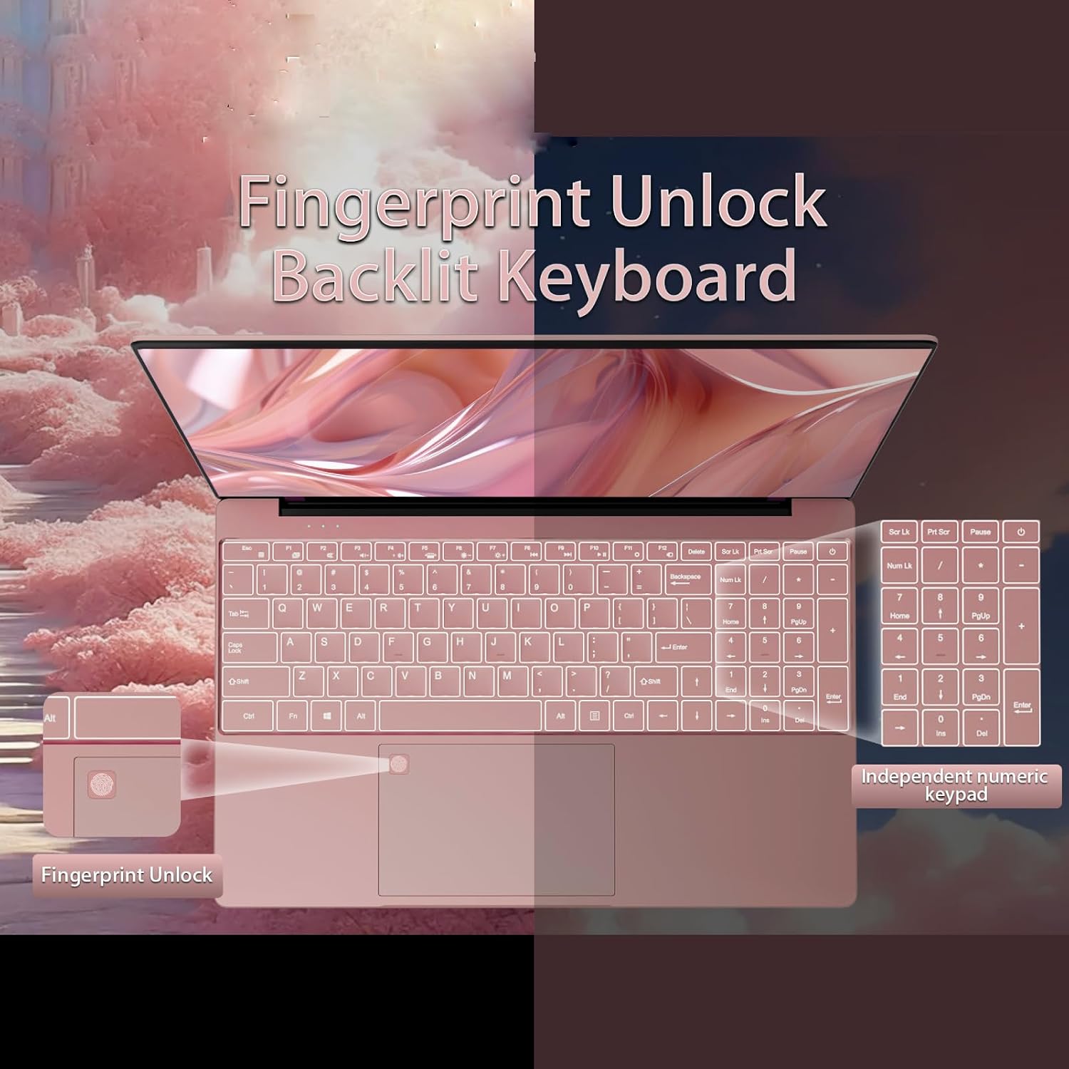 15.6 Inch Laptop, N95 Processor (4C4T, 1.7-3.4GHz), 8GB RAM, 512GB PCIe SSD, Backlit Keyboard, Fingerprint Unlock, FHD IPS Display, 8000mAh Battery, Win11Pro Computer – for Work & Study (Rose Gold)