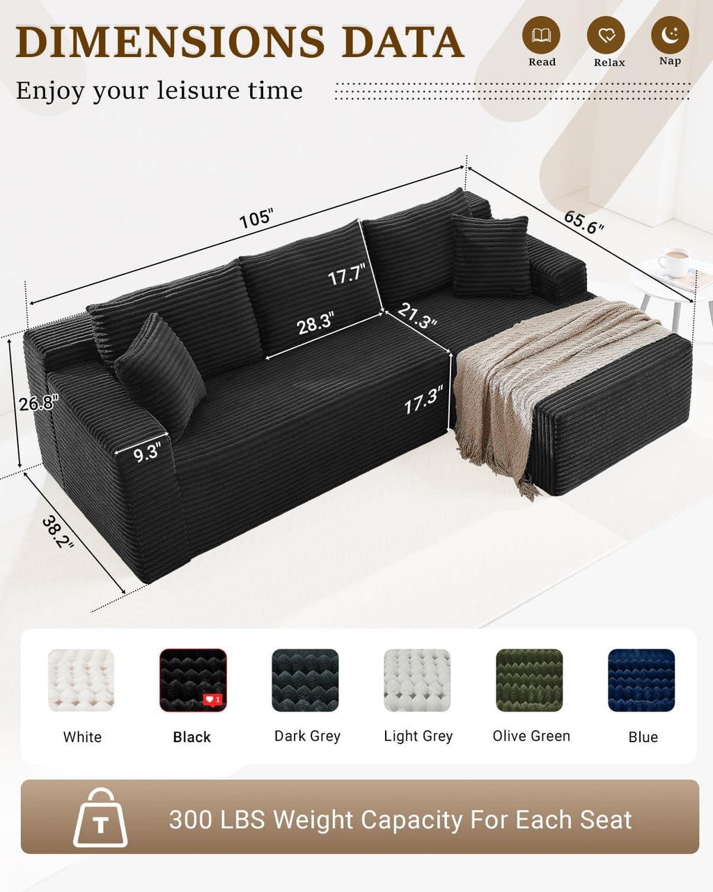 Cloud Sectional Couch,105 Inch Modular Sectional Sofa with Deep Seat,Modern Corduroy Boneless Couches with L-Shape Chaise for Living Room Bedroom,No Assembly Required (Black, Right Facing Chaise)