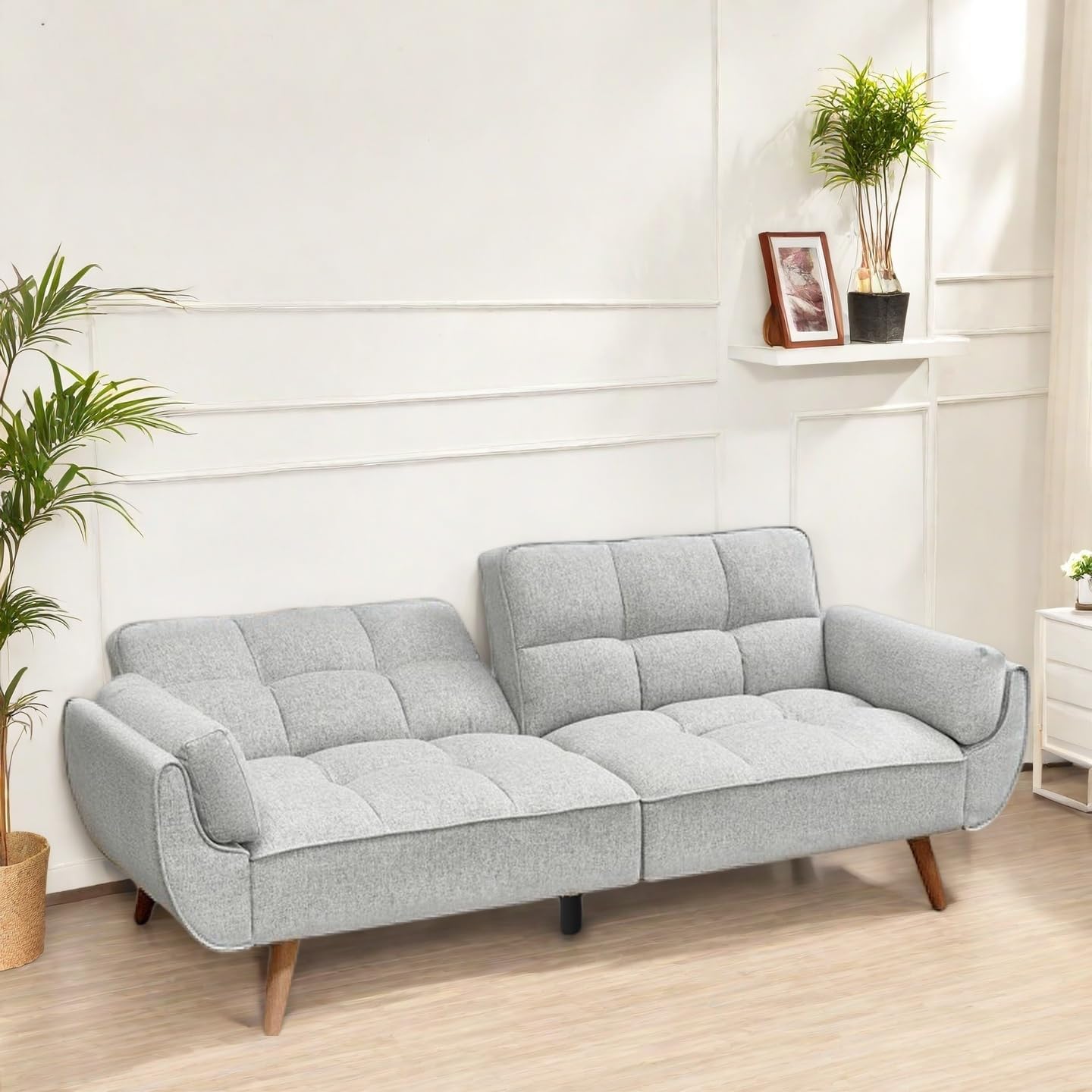 Convertible Futon Sofa Bed, Modern Futon Couch with 2 Pillows, Small Futons Couch with Adjustable Armrest & Backrest, Loveseat Sofa Bed for Living Room, Bedroom, Gray