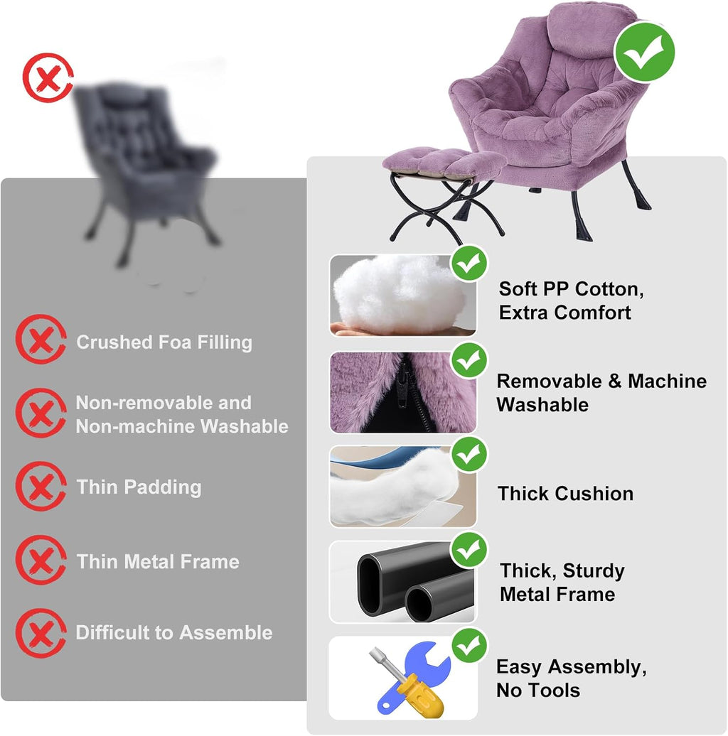 Furlide Lazy Chair with Ottoman, Modern Accent Chair with Armrests and a Side Pocket, Plush Purple Accent Chairs, Reading Chairs, Oversized Armchairs for Bedroom, Study, Living Room, Courtyard