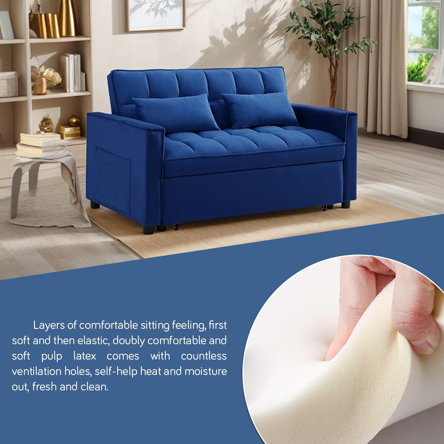 3 in 1 Convertible Sleeper Sofa Bed, 54'' Full Size Velvet Pull Out Futon Couch Recliner with Reclining Backrest & 2 Pillows, Small Loveseat Lounge Couches for Small Spaces (Dark Blue)