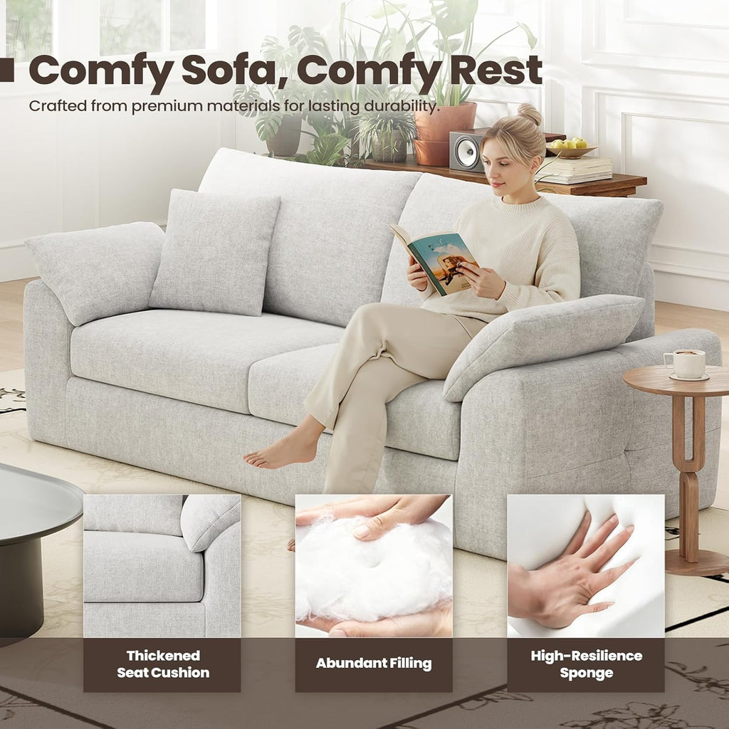 MALOL 90' Boneless Loveseat Sofa, Cloud Foam Couch, 3 Seater Upholstered Midcentury Mondern Love Seat, Wide Armrest and 4 Pillows for Home Living Room/Small Spaces, No Assembly Required, Beige