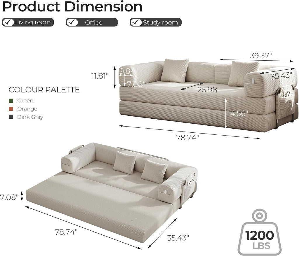 Carzzi-Life 79' Convertible Sofa Bed with Pillows, Corduroy Folding Sleeper Sofa with Fixed-Shape Frame, Boneless Couch for Living Room Bedroom, Floor Sofa Lounge No Assembly Required (Beige)