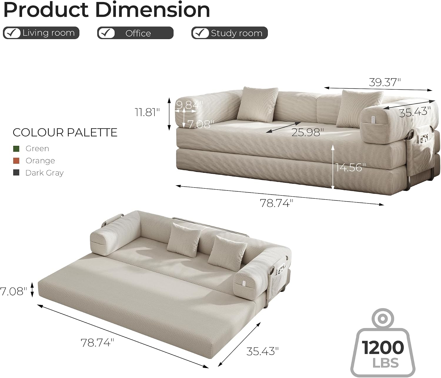 Carzzi-Life 79' Convertible Sofa Bed with Pillows, Corduroy Folding Sleeper Sofa with Fixed-Shape Frame, Boneless Couch for Living Room Bedroom, Floor Sofa Lounge No Assembly Required (Beige)