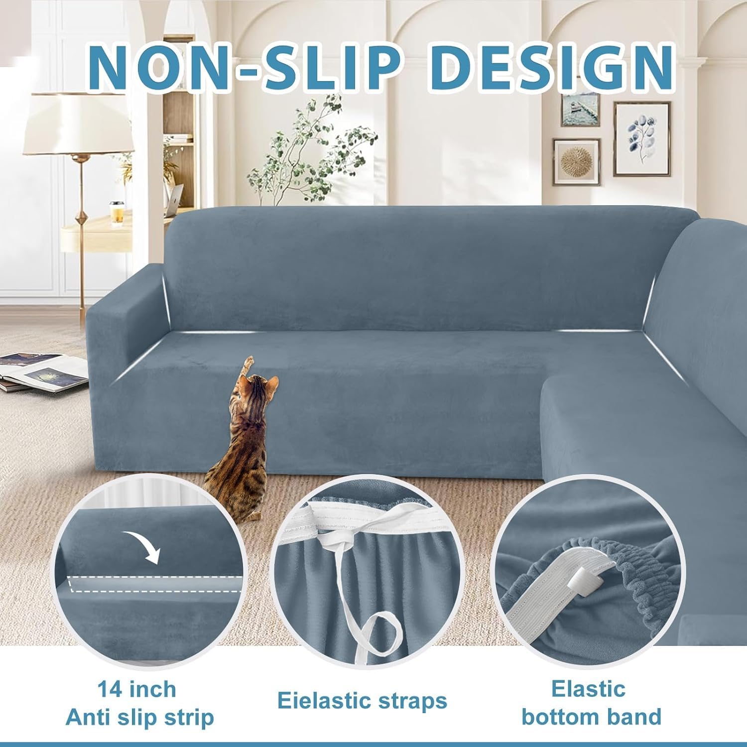 HDCAXKJ Corner Sectional Couch Covers Velvet Stretch L Shape Sofa Cover Soft Thick Sectional Slipcovers Set U Shaped Living Room Non Slip Magic Furniture Protector for Pet Dogs (Blue Gray, Small)