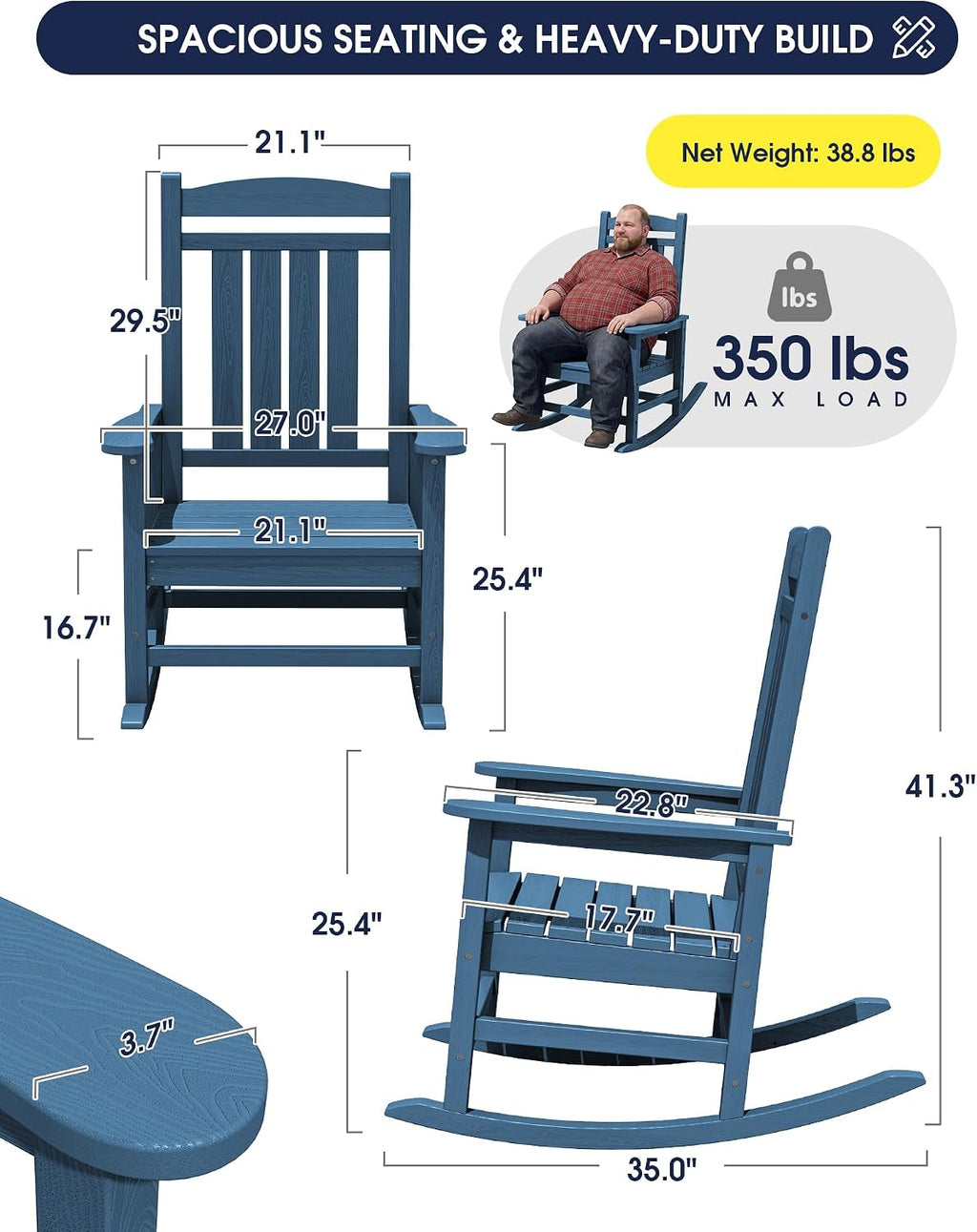 KINGYES Oversized HDPE Patio Rocking Chair Set of 4, Outdoor Rocking Chairs Porch Rocker for Adults, Navy