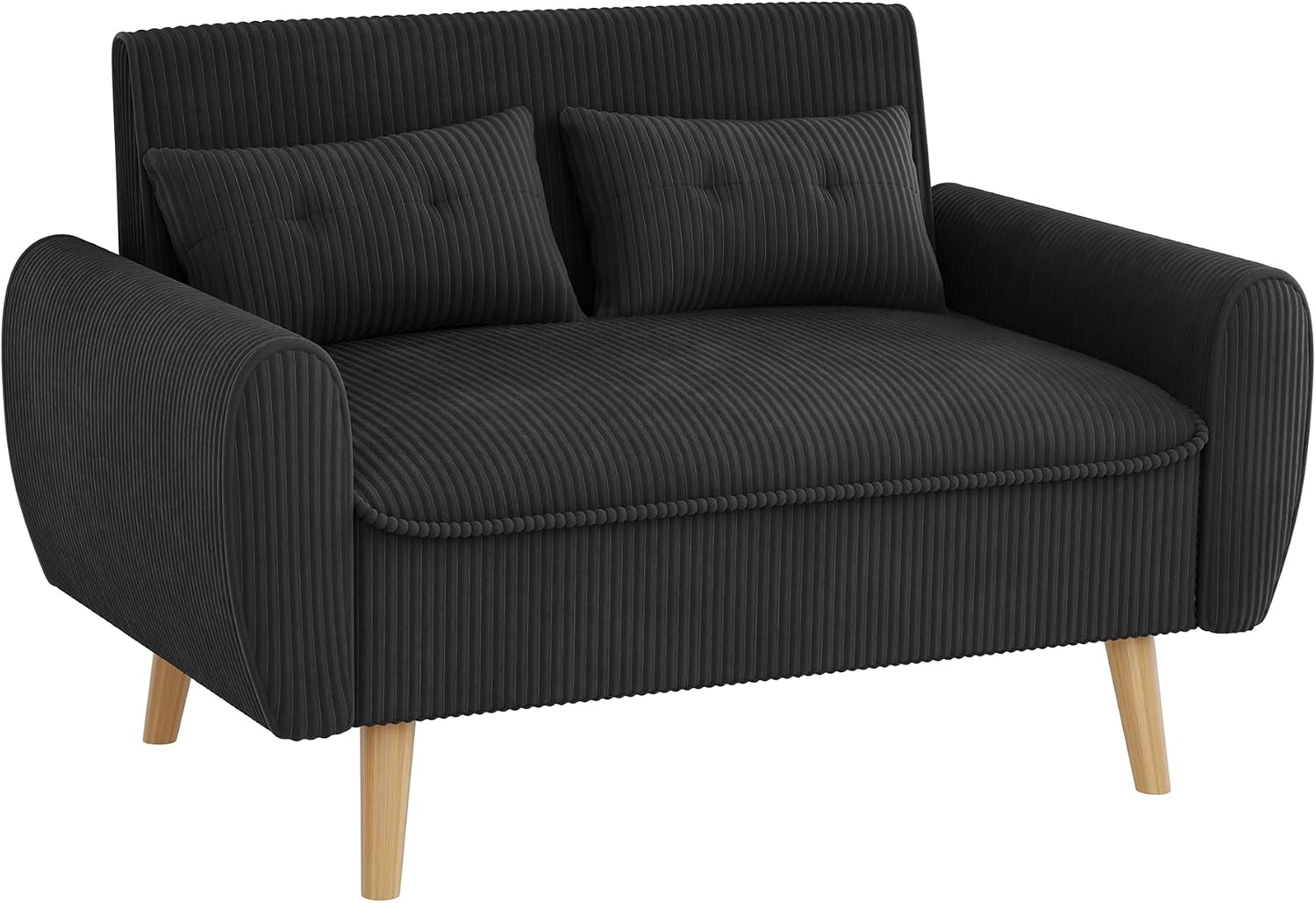 Shintenchi 48'' Loveseat Sofa, Mid-Century Modern Upholstered Couch Deep Seat with 2 Pillows, 10' Thick Cushion with Spring, Solid Wood Frame Small Couch for Living Room, Dorms & Office, Black