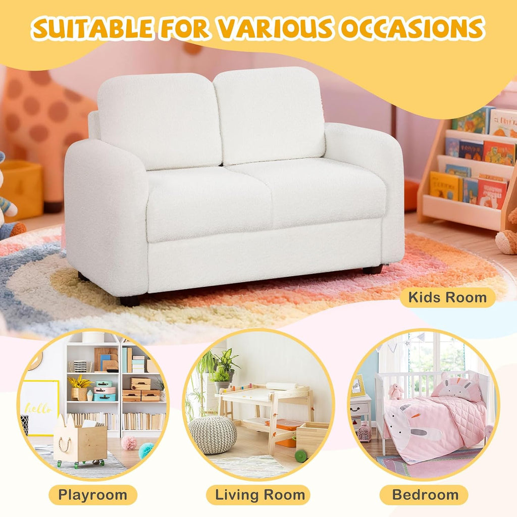 Costzon Kids Couch, 2 Seat Toddler Armrest Chair w/Teddy Fleece Upholstery & Solid Wooden Frame, Double Seat Children's Sofa for Preschool, Bedroom, Playroom, Daycare, Ideal Gift for Girls Boys