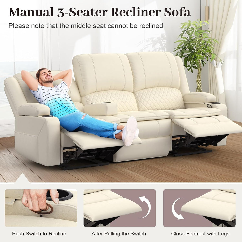 Yolsali 3-Seater Recliner Sofa, Manual Reclining Couch with Multi-Functional Middle Seat, Reclining Sofa for Living Room with Hidden Storage Space, Cup Holders, and Removable Console