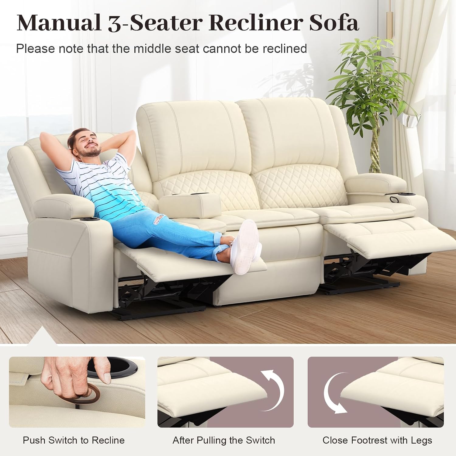 Yolsali 3-Seater Recliner Sofa, Manual Reclining Couch with Multi-Functional Middle Seat, Reclining Sofa for Living Room with Hidden Storage Space, Cup Holders, and Removable Console