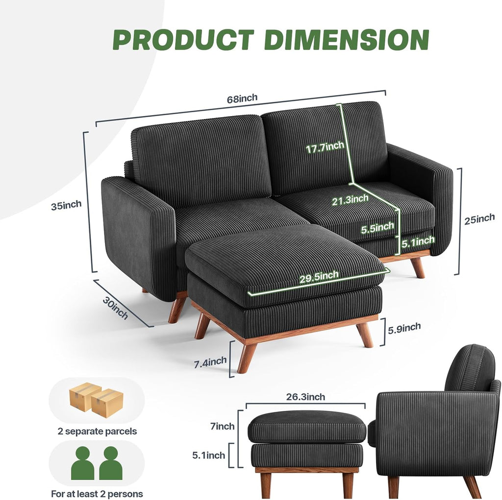 Vesgantti 68' Loveseat Sofa with Movable Ottoman, Comfy Corduroy Couch with Spring Cushion, Sofa Couch with Solid Wood, Modern Office Sofa with Deep Seat for Living Room and Bedroom, Black