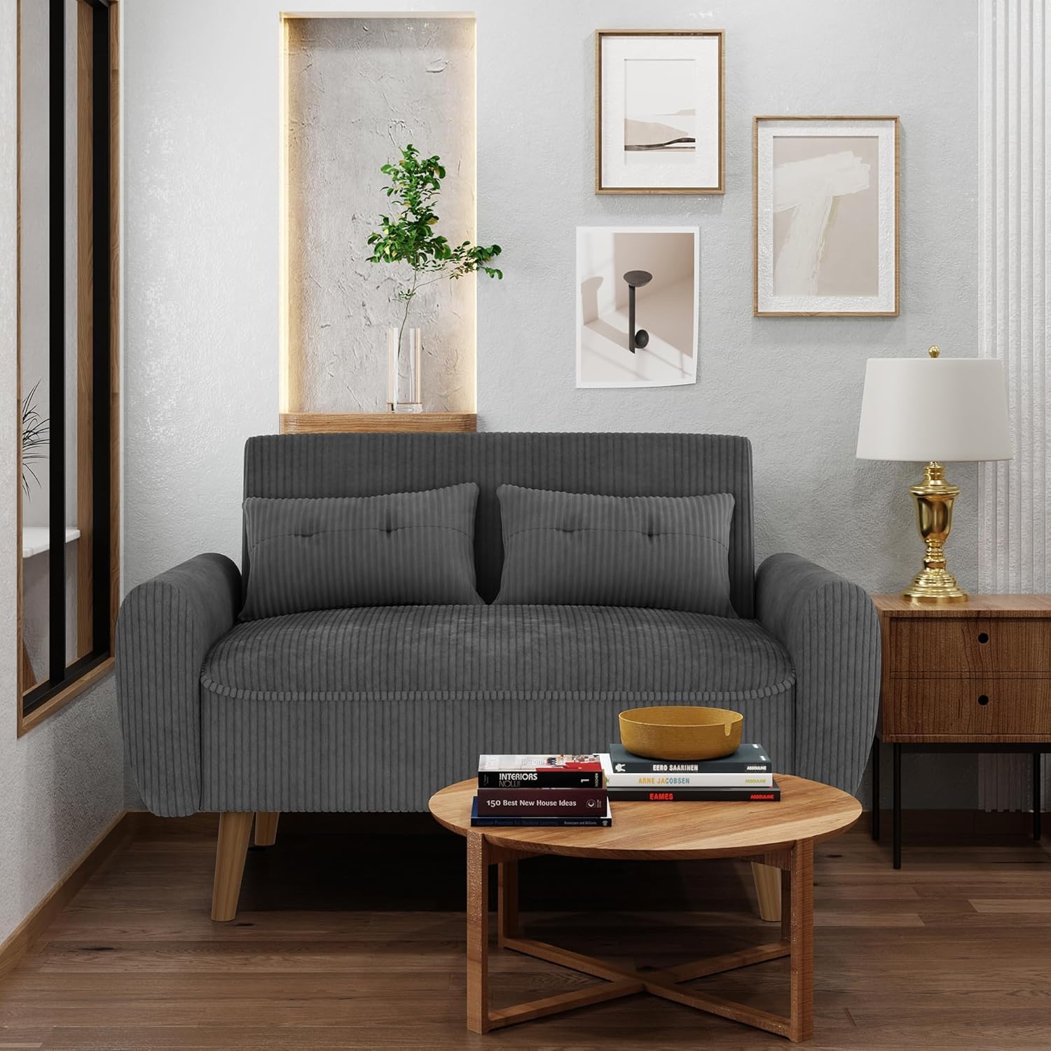 Shintenchi 48'' Loveseat Sofa, Mid-Century Modern Upholstered Couch Deep Seat with 2 Pillows, 10' Thick Cushion with Spring, Solid Wood Frame Small Couch for Living Room, Dorms & Office, Dark Grey